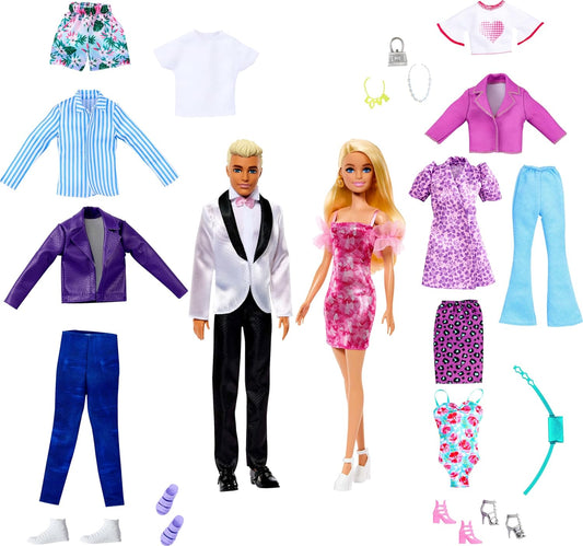 Barbie & Ken Doll Set with 2 Fashion Dolls, Clothes & Accessories, DAMAGE BOX, Includes Dresses, Tees, Pants, Swimsuits & More
