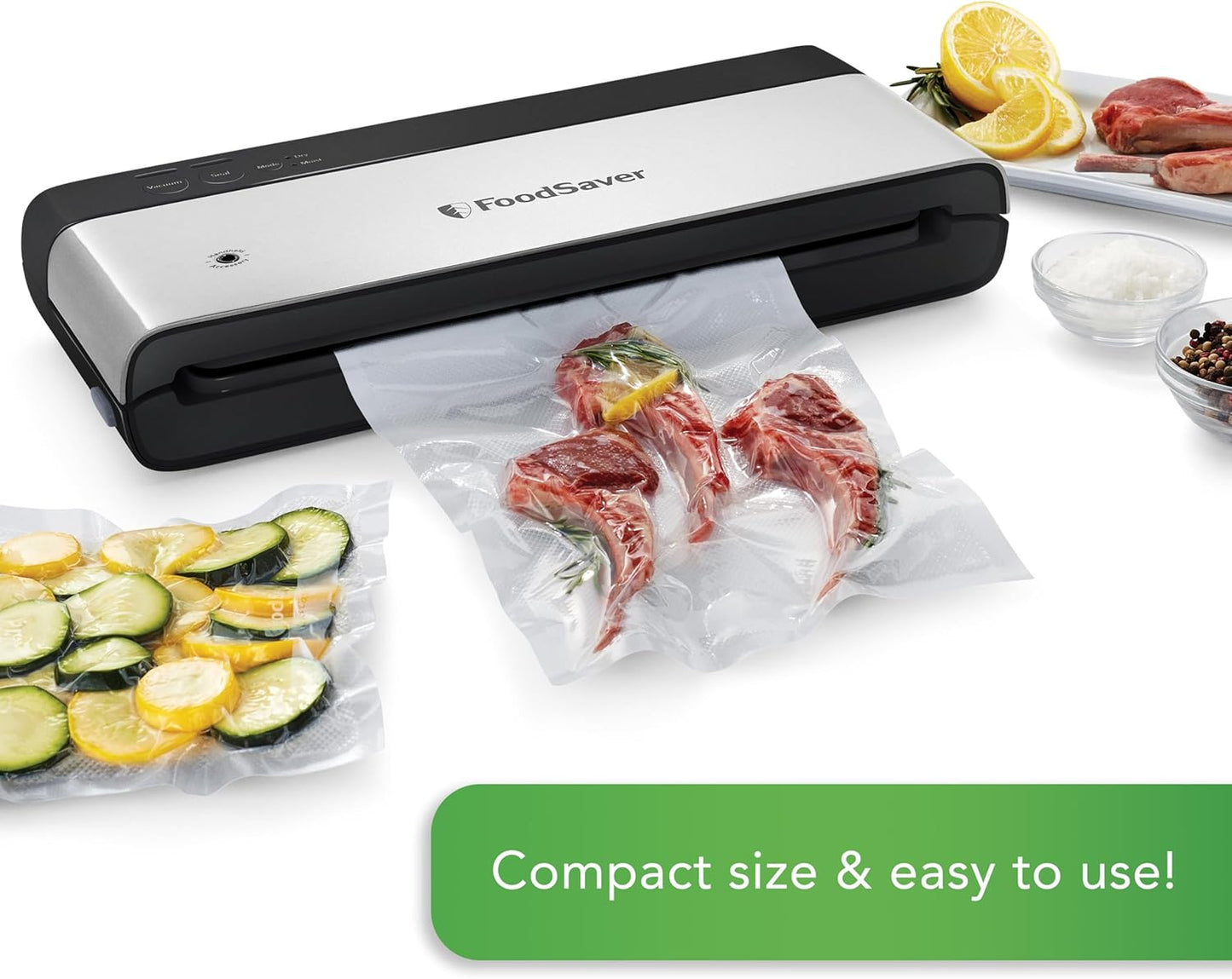 FoodSaver PowerVac Compact Vacuum Sealing Machine, Stainless Steel & Black, Vertical Storage, VS0150 | Preserves freshness, reduces bag waste, for both dry and wet food
