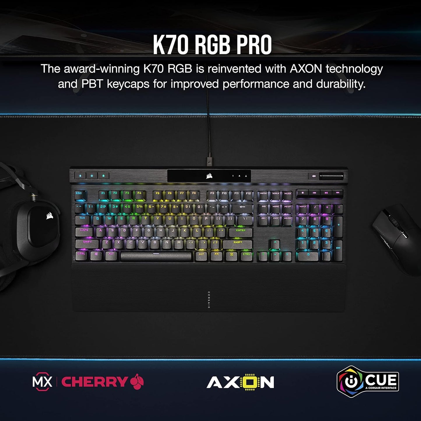 Corsair K70 RGB PRO Wired Mechanical Gaming Keyboard (Cherry MX RGB Red Switches: Linear and Fast, 8,000Hz Hyper-Polling, PBT Double-Shot PRO Keycaps, Soft-Touch Palm Rest) QWERTY, NA - Black