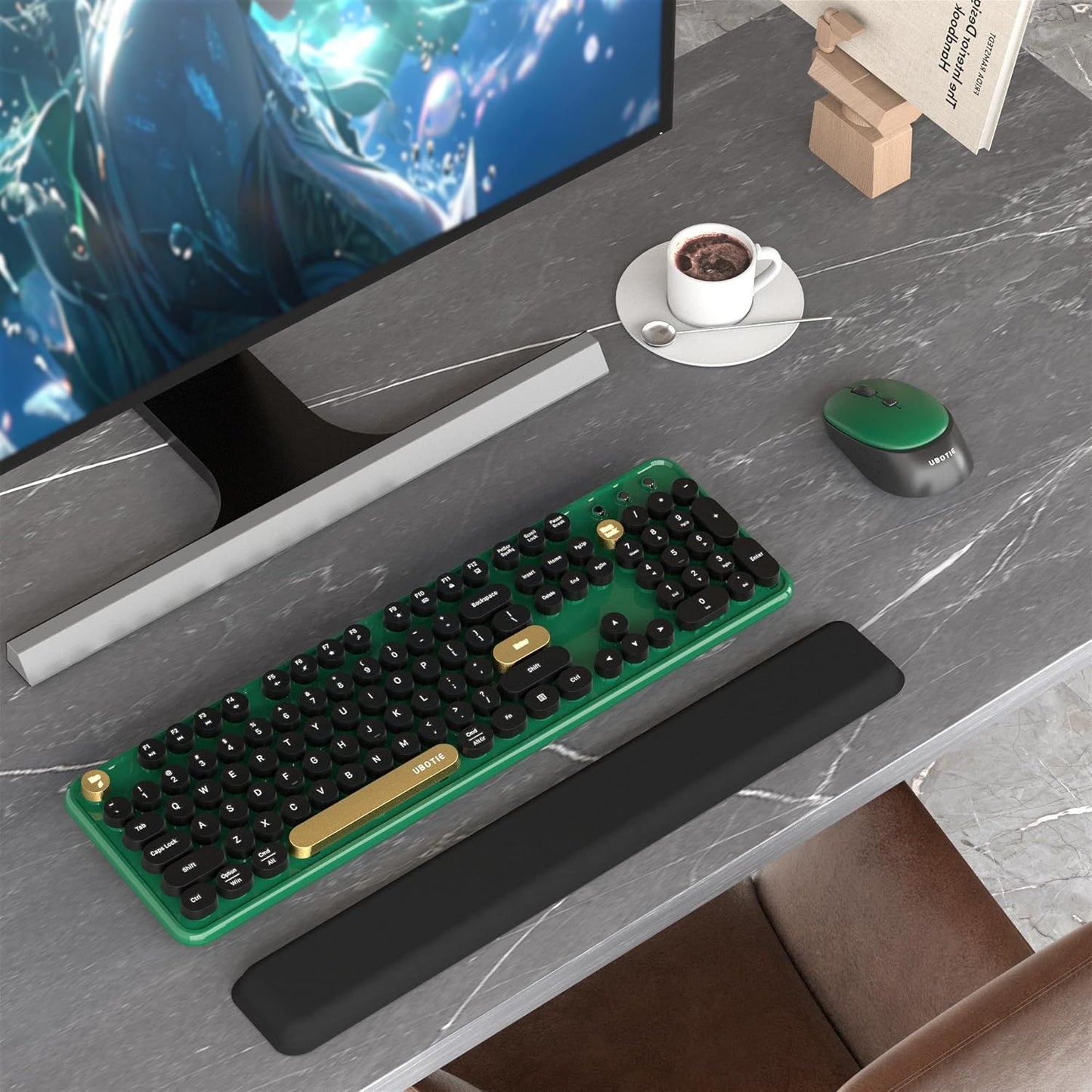 Colorful Wireless Computer Keyboards Mouse Combos, UBOTIE Polychrome Round Keycaps Retro PC Keyboards 2.4GHz Radio Frequency Connection with Optical Mouse(Green-Black)