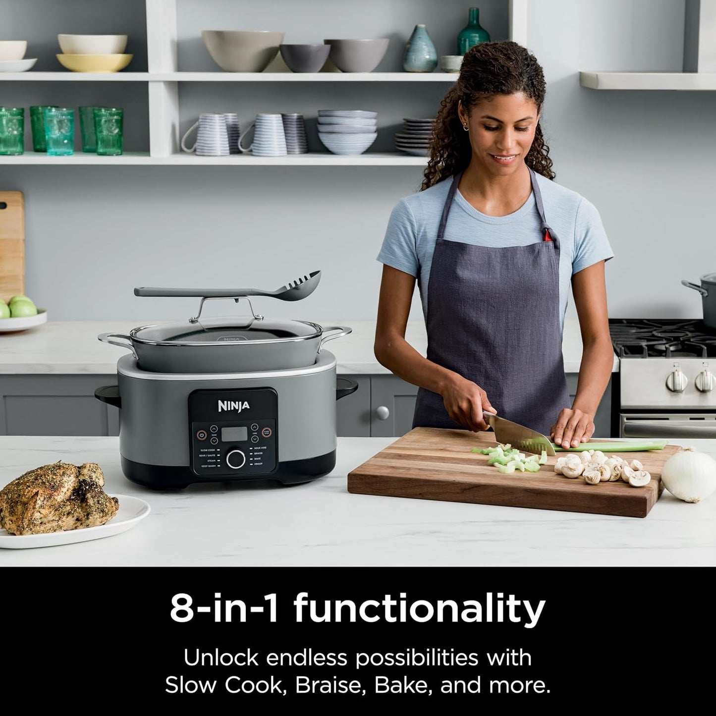 BOX Damage Ninjja MC1001 Foodi PossibleCooker PRO 8.5 Quart Multi-Cooker, with 8-in-1 Slow Cooker, Dutch Oven, Steamer, Glass Lid Integrated Spoon, Nonstick, Oven Safe Pot to 500°F, Sea Salt Gray