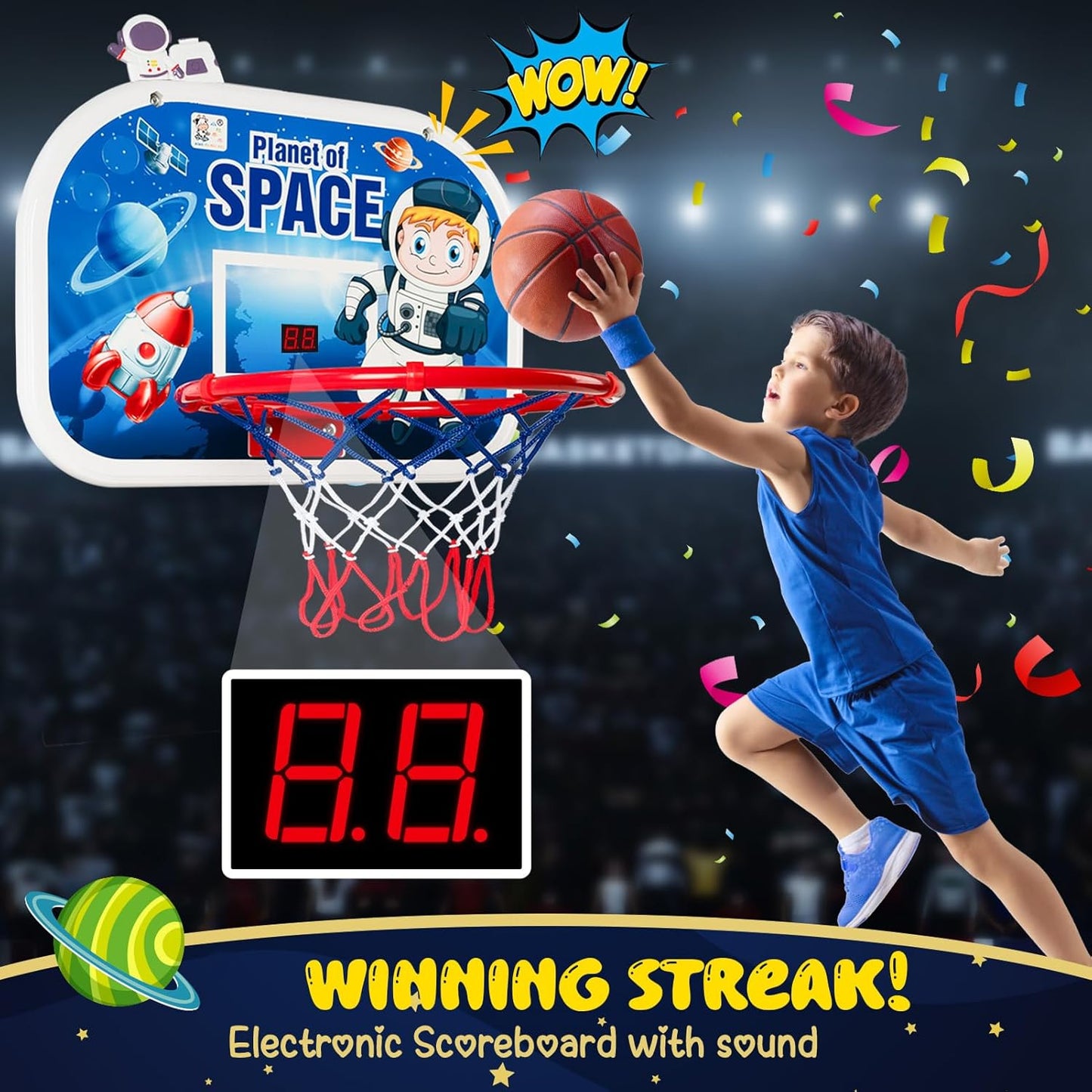Indoor Basketball Hoop for Kids, Mini Basketball Hoop Over The Door, Cartoon Kids Basketball Shooting Toys for Boys Age 5 6 7 8 9 10+, Mini Hoop with Electronic Scoreboard & 3 Balls