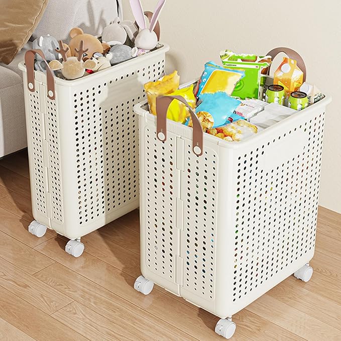 Collapsible Laundry Basket on Wheels for Children's Room, Rolling Laundry Hamper with Handles, Slim White Plastic Foldable Washing Basket for Laundry Clothes