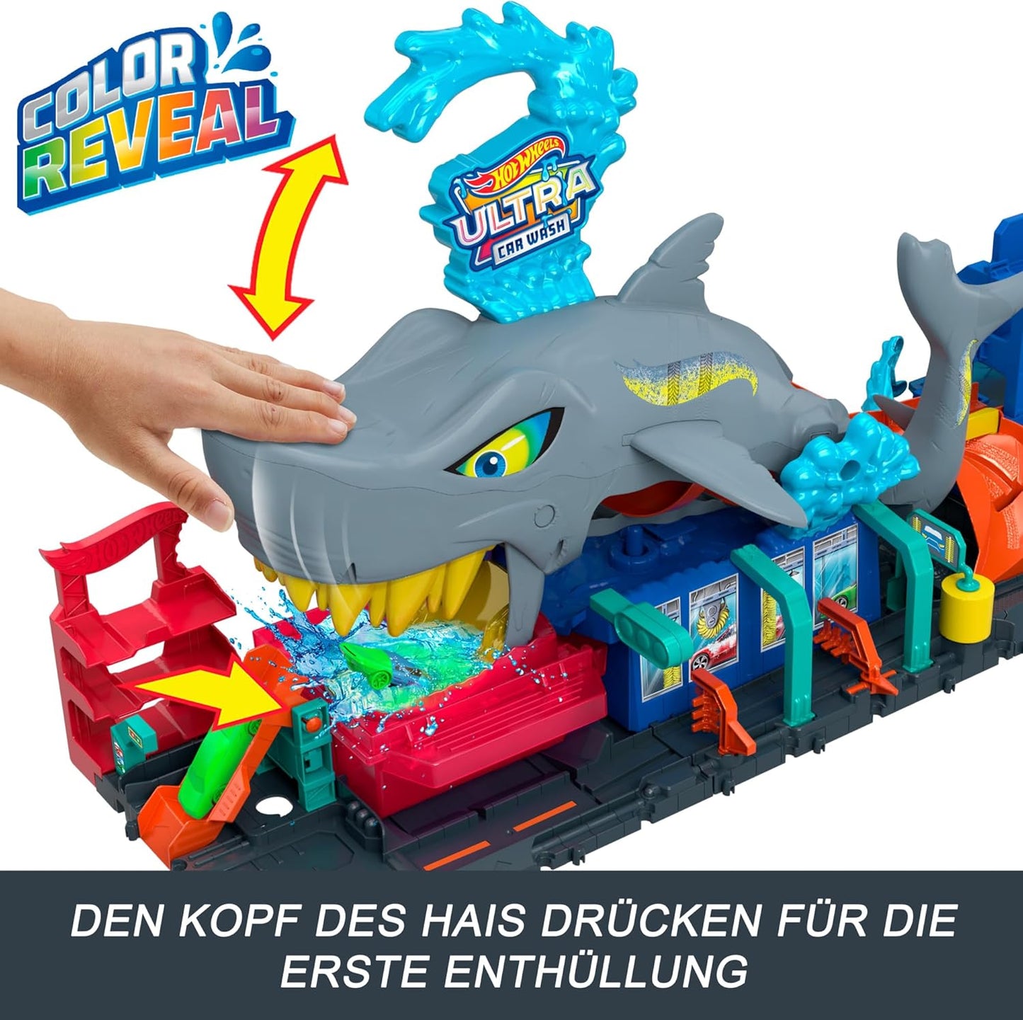 Hot Wheels City Track Set, Ultra Shark Car Wash with 1:64 Scale Color Reveal Toy Vehicle, Repeat Color-Change Feature, Storage