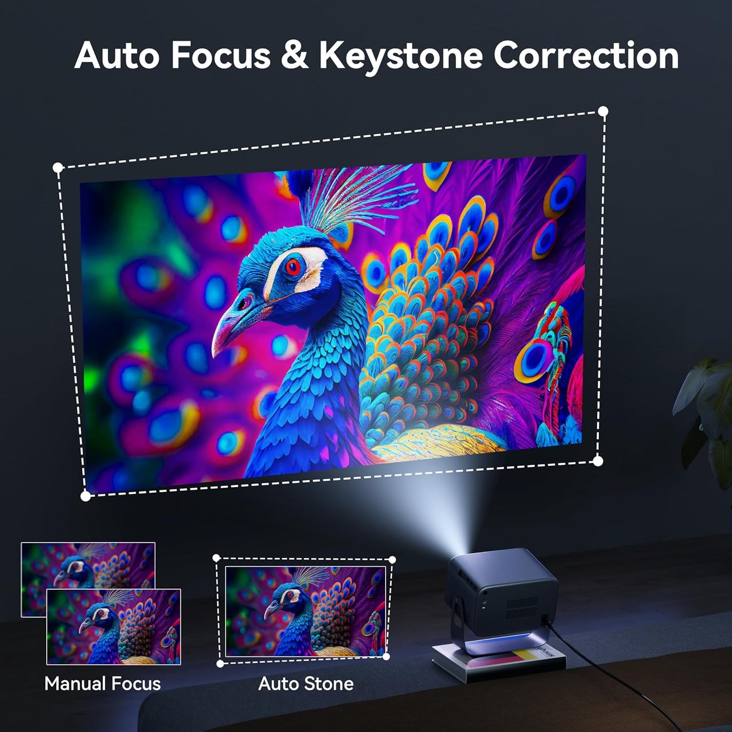 【360°Adjustable Stand & Electric Focus】 Polocsh 4K Projector with WiFi and Bluetooth, 600 ANSI & Auto Keystone Portable Projector, Native 1080P Outdoor Movie Projector for Phone TV Stick HDMI USB