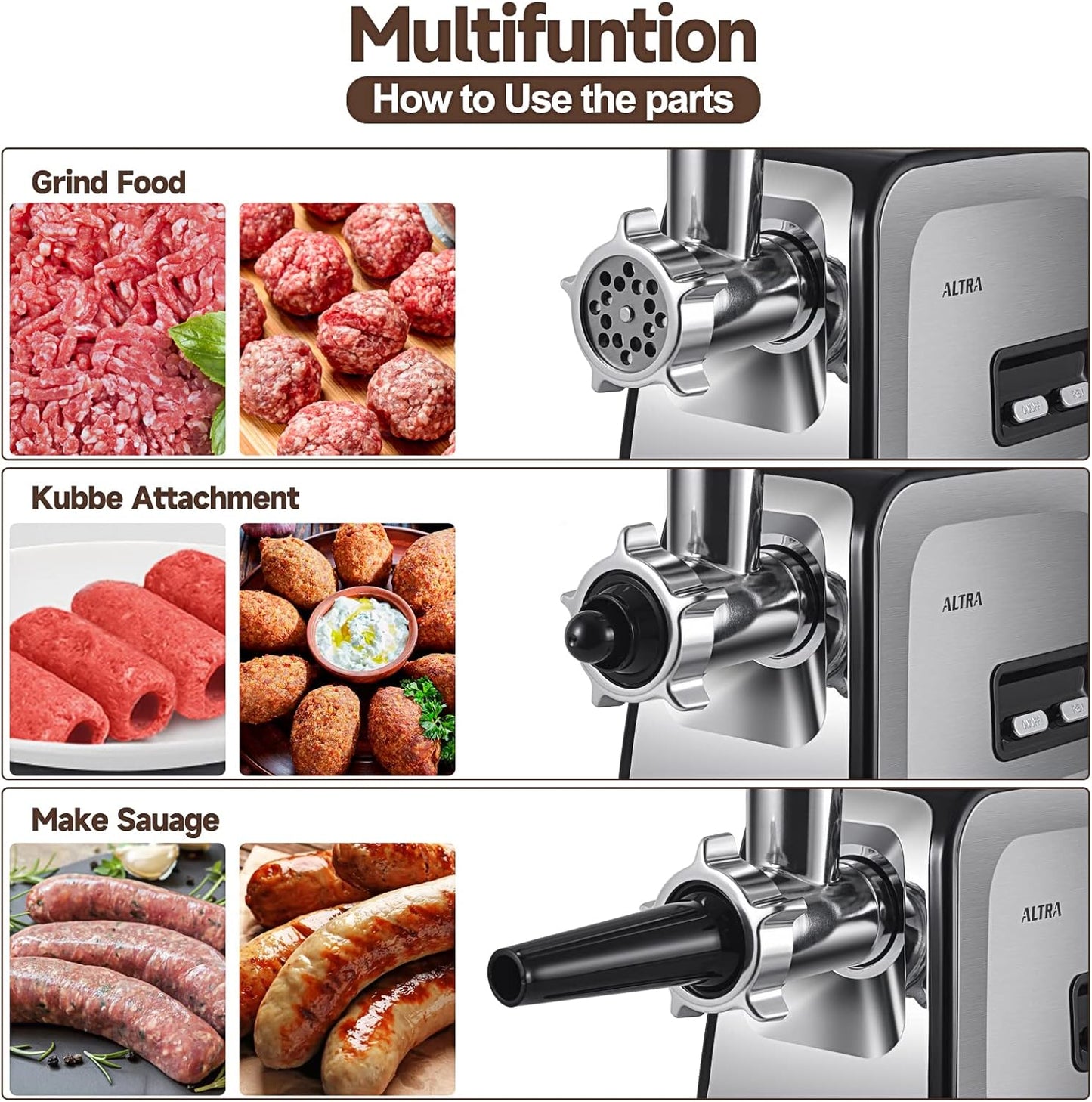 Meat Grinder, Sausage Stuffer, [2800W Max] Electric Meat Mincer with Stainless Steel Blades & 3 Grinding Plates,Sausage Maker & Kubbe Kit for Home Kitchen & Commercial Using (MG090-M)