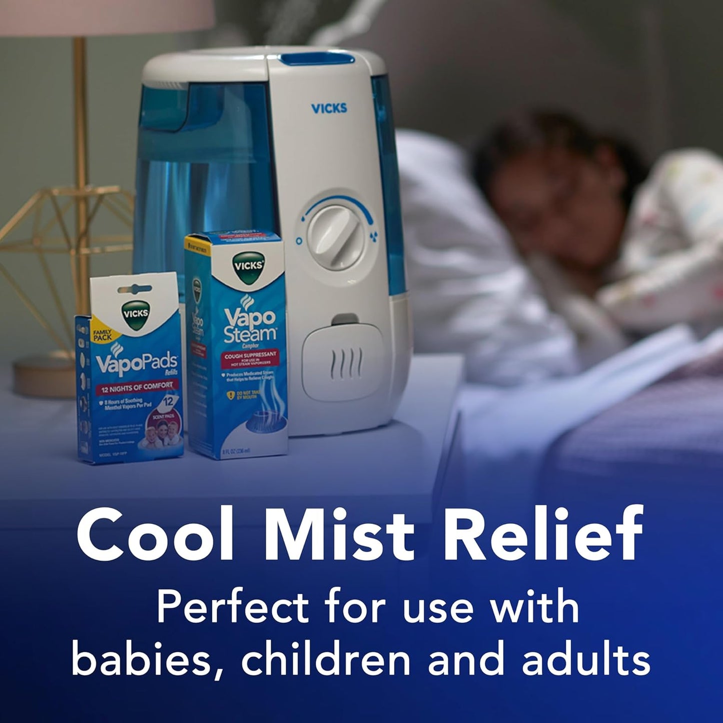 Vicks CoolRelief Cool Mist Humidifier Small to Medium Room Vaporizer for Baby, Kids, Adults, 1.2 Gal