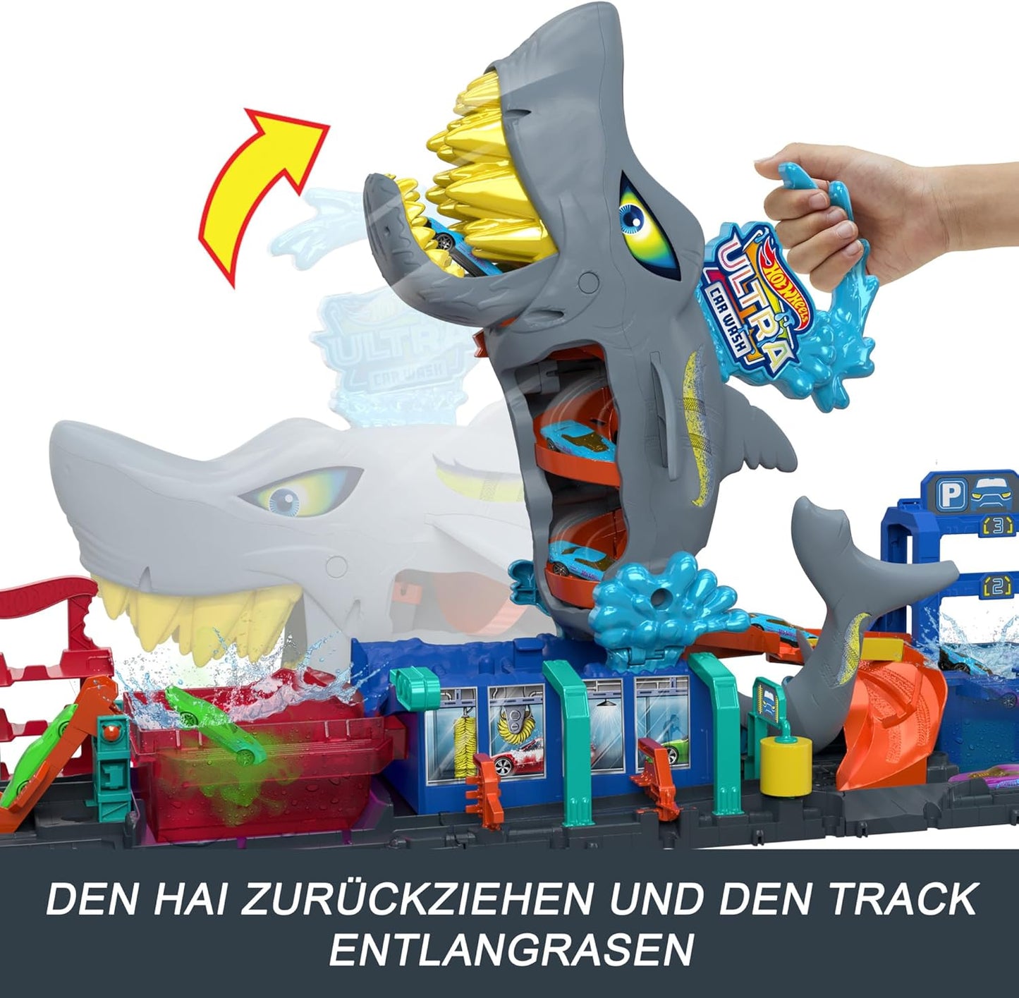 Hot Wheels City Track Set, Ultra Shark Car Wash with 1:64 Scale Color Reveal Toy Vehicle, Repeat Color-Change Feature, Storage