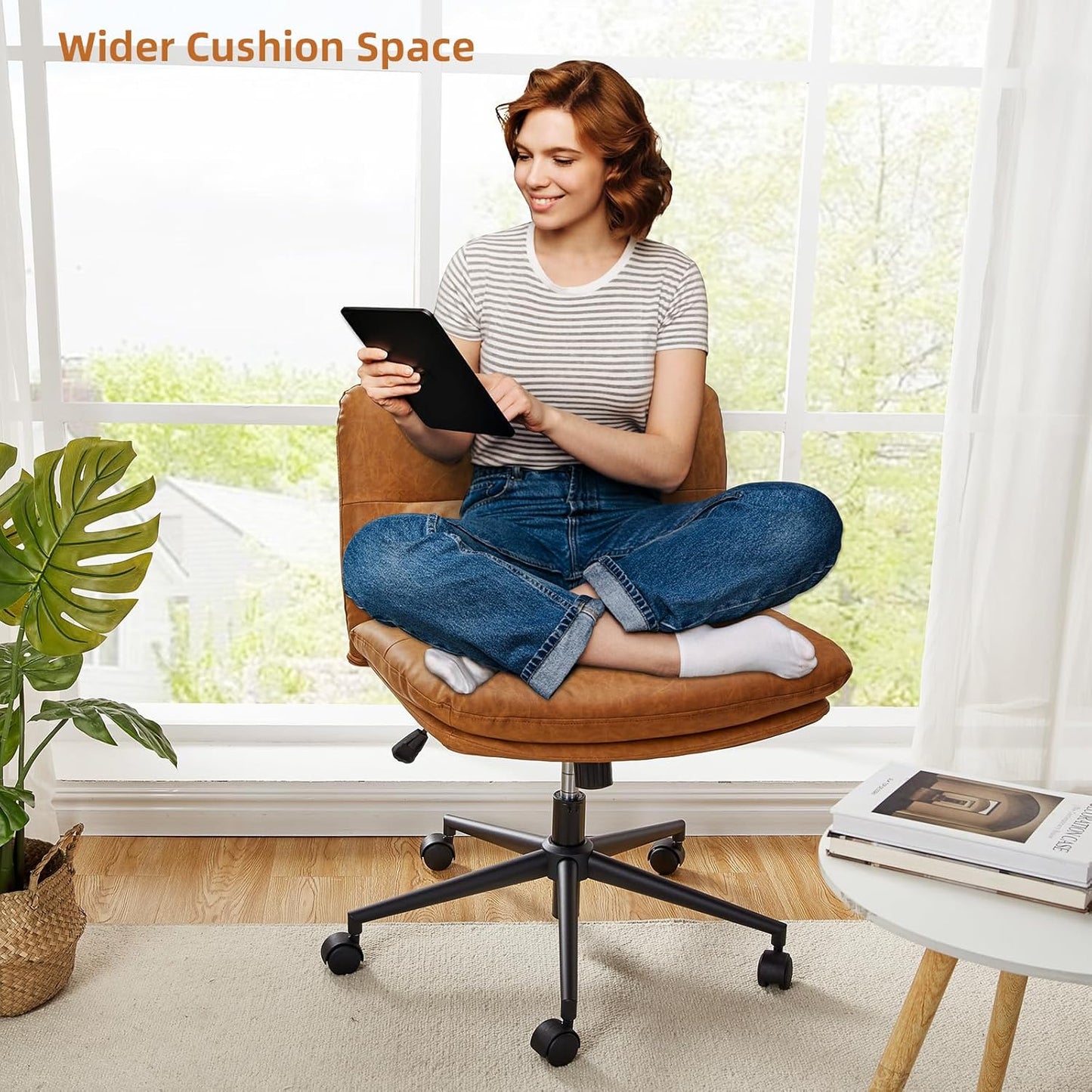 Criss Cross Chair, GarveeHome Cross Legged Office Chair, Armless Desk Chair with Wheels, Swivel Vanity Chair, Widen Seat, Height Adjustable, Brown