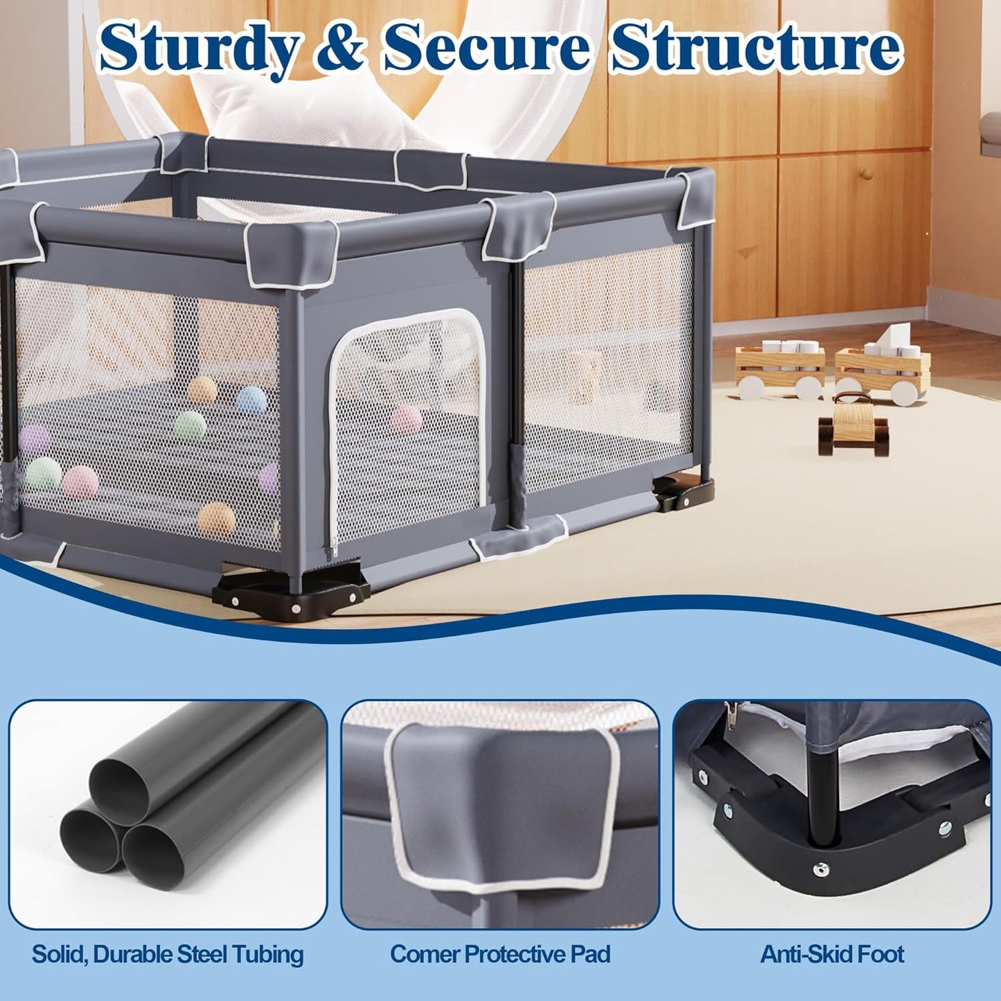 OPEN BOX Jixrolyn Foldable Baby Playpen with Mat, 50"x50" Folding Playpen for Babies and Toddlers, Sturdy Safety Play Yard with Gate, Portable Kid's Play Pen with Bag
