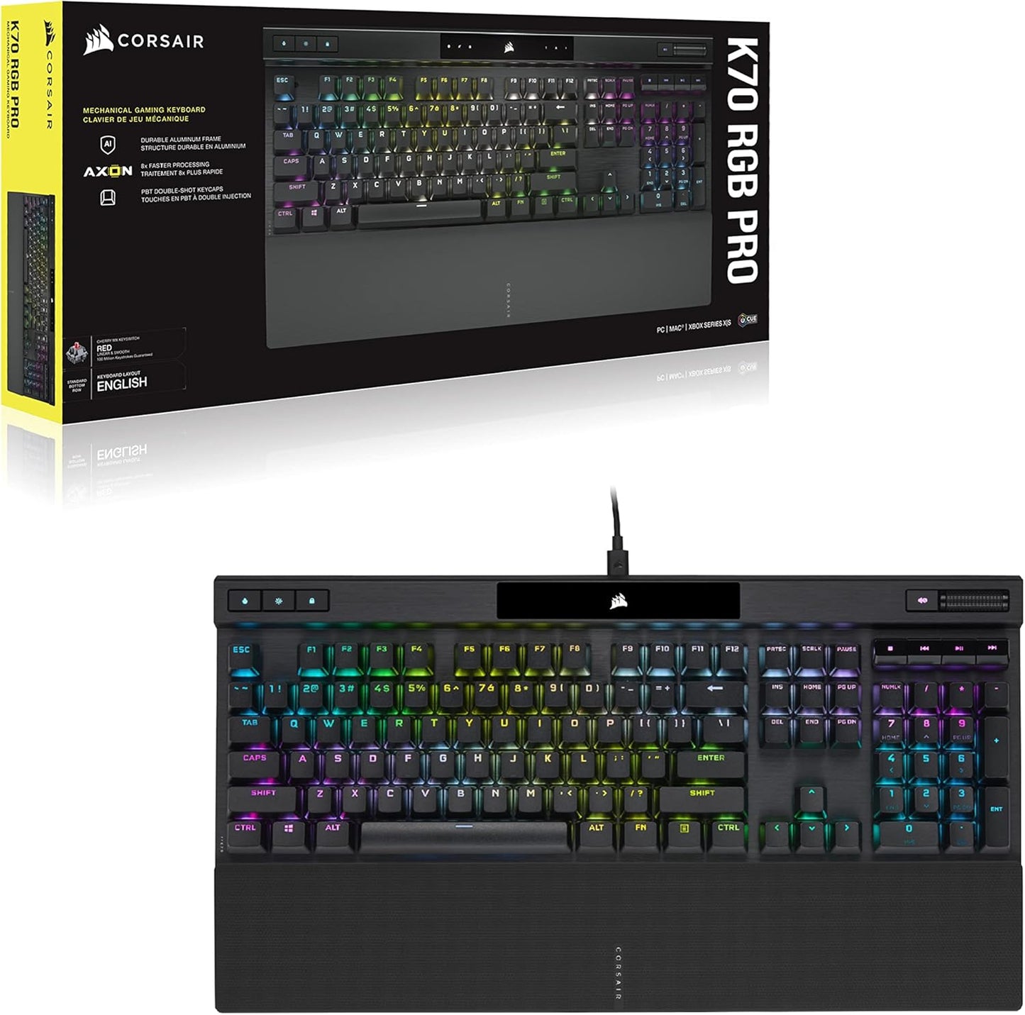 Corsair K70 RGB PRO Wired Mechanical Gaming Keyboard (Cherry MX RGB Red Switches: Linear and Fast, 8,000Hz Hyper-Polling, PBT Double-Shot PRO Keycaps, Soft-Touch Palm Rest) QWERTY, NA - Black