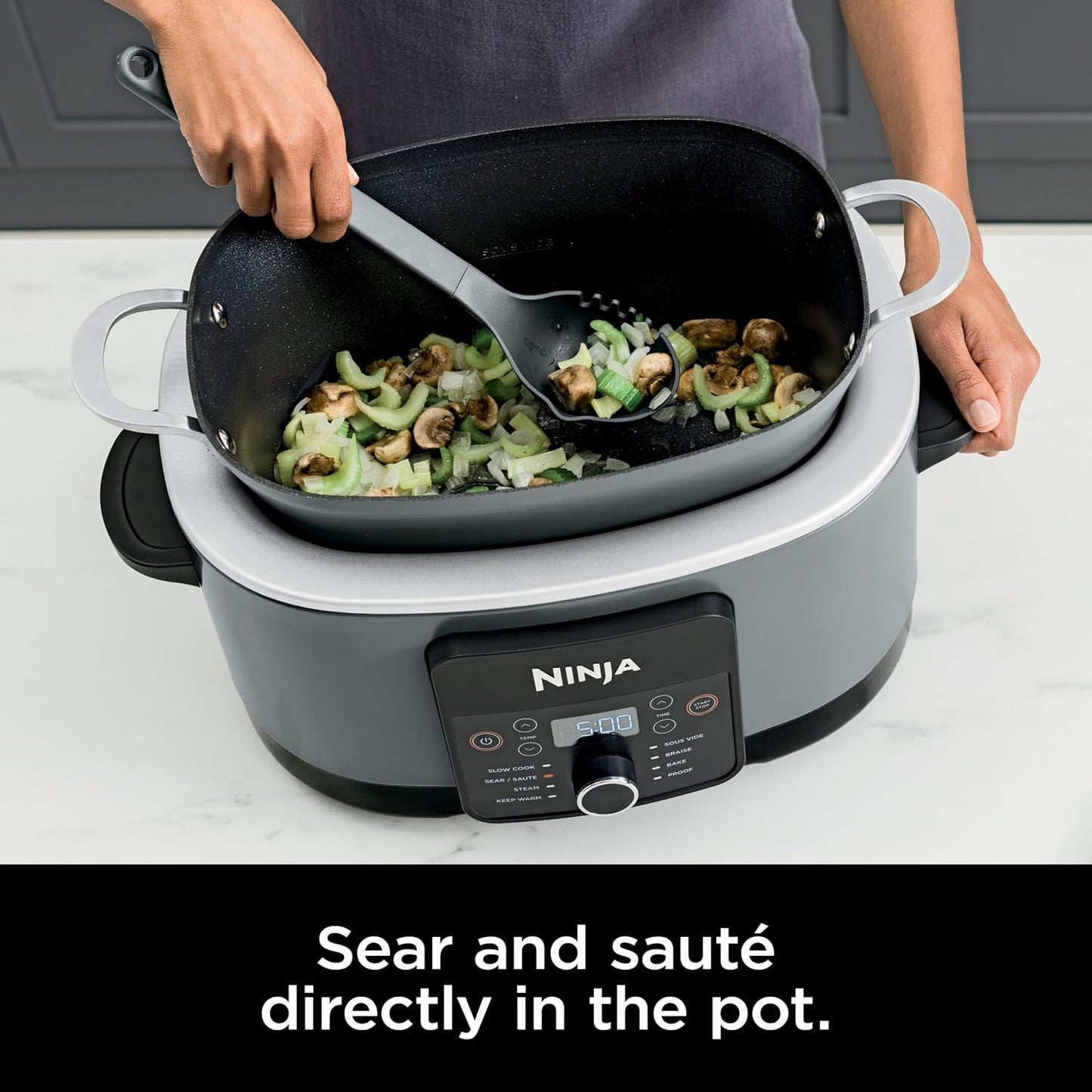 BOX Damage Ninjja MC1001 Foodi PossibleCooker PRO 8.5 Quart Multi-Cooker, with 8-in-1 Slow Cooker, Dutch Oven, Steamer, Glass Lid Integrated Spoon, Nonstick, Oven Safe Pot to 500°F, Sea Salt Gray