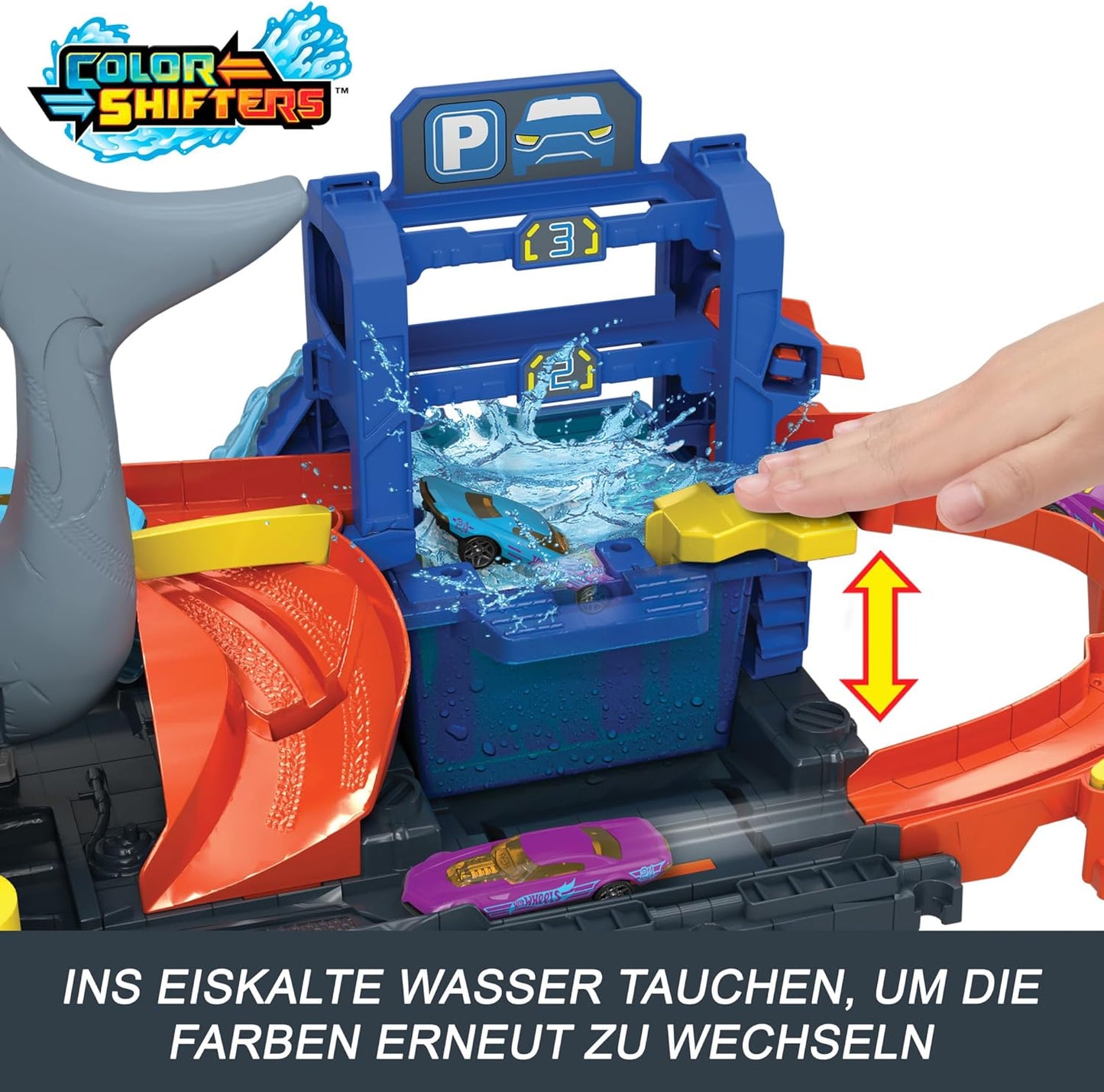 Hot Wheels City Track Set, Ultra Shark Car Wash with 1:64 Scale Color Reveal Toy Vehicle, Repeat Color-Change Feature, Storage