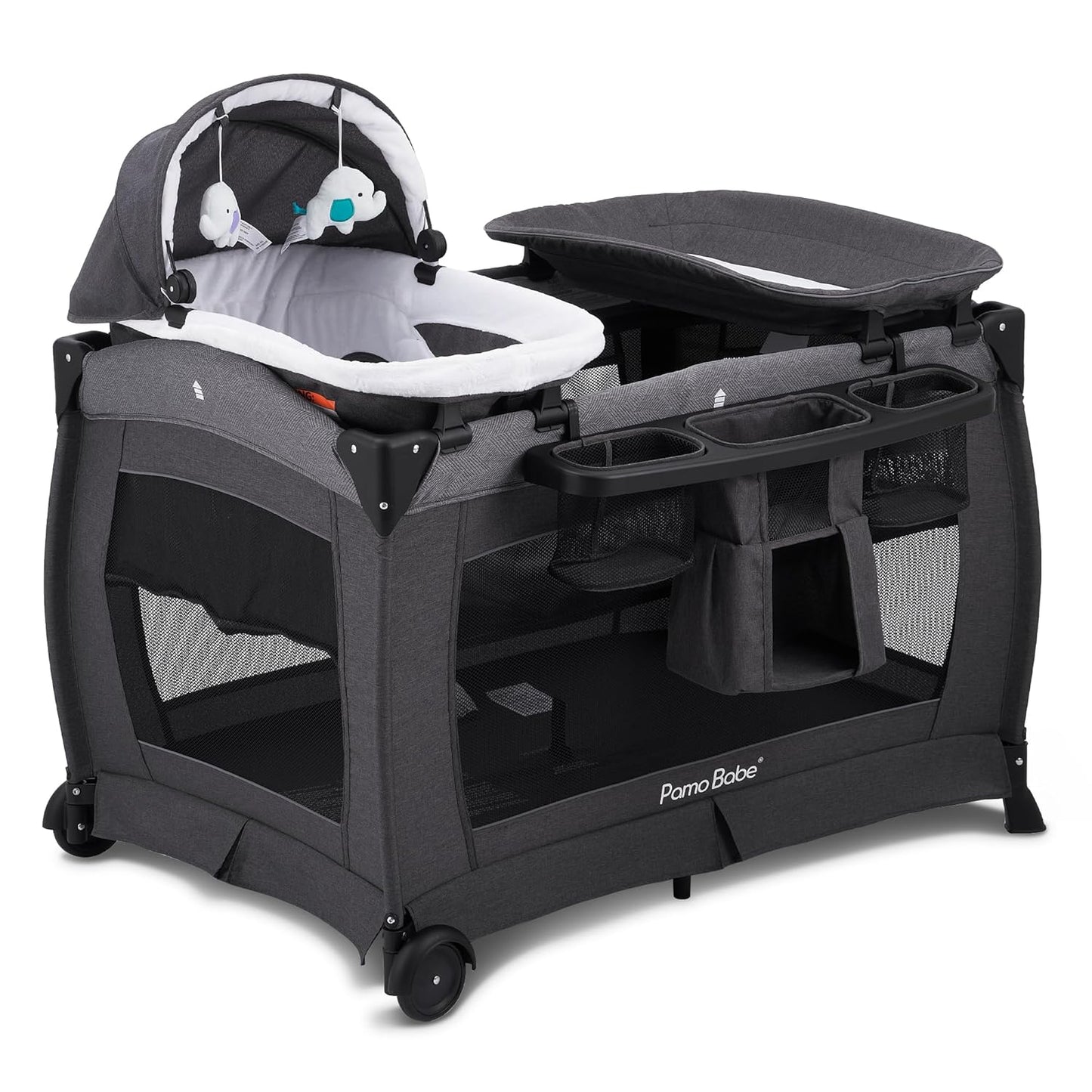 Pamo Babe Deluxe Nursery Center Foldable Playard for Baby & Toddler Bassinet Mattress Changing Table for Newborn(Black)