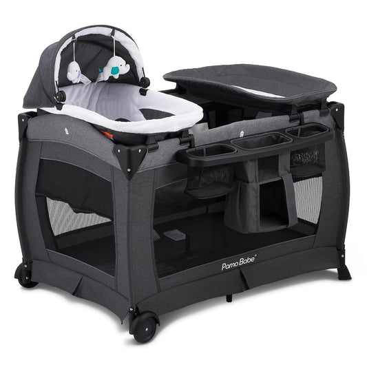 Pamo Babe Deluxe Nursery Center Foldable Playard for Baby & Toddler Bassinet Mattress Changing Table for Newborn(Black)