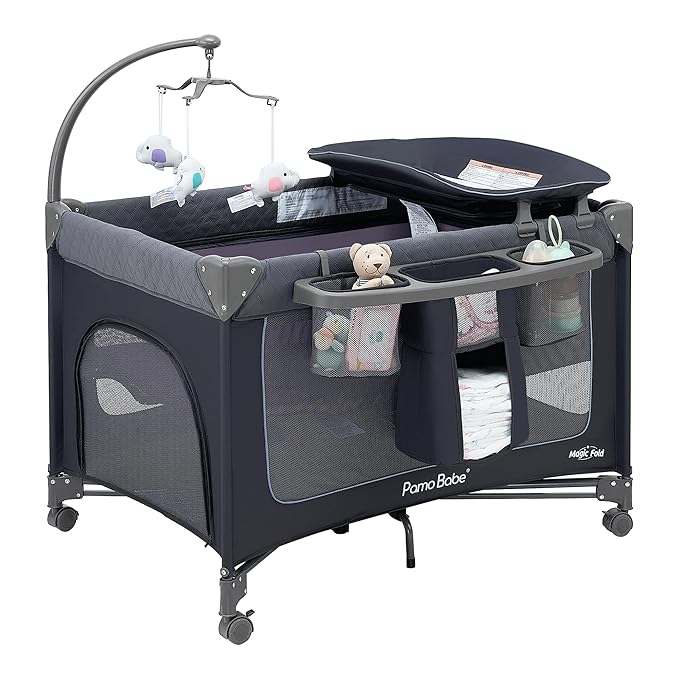 Pamo Babe Magic Fold Baby Playard, 1 Step to Set Portable Crib with Changing Table and Zipper Gate