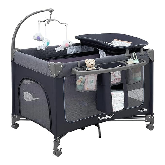 Pamo Babe Magic Fold Baby Playard, 1 Step to Set Portable Crib with Changing Table and Zipper Gate