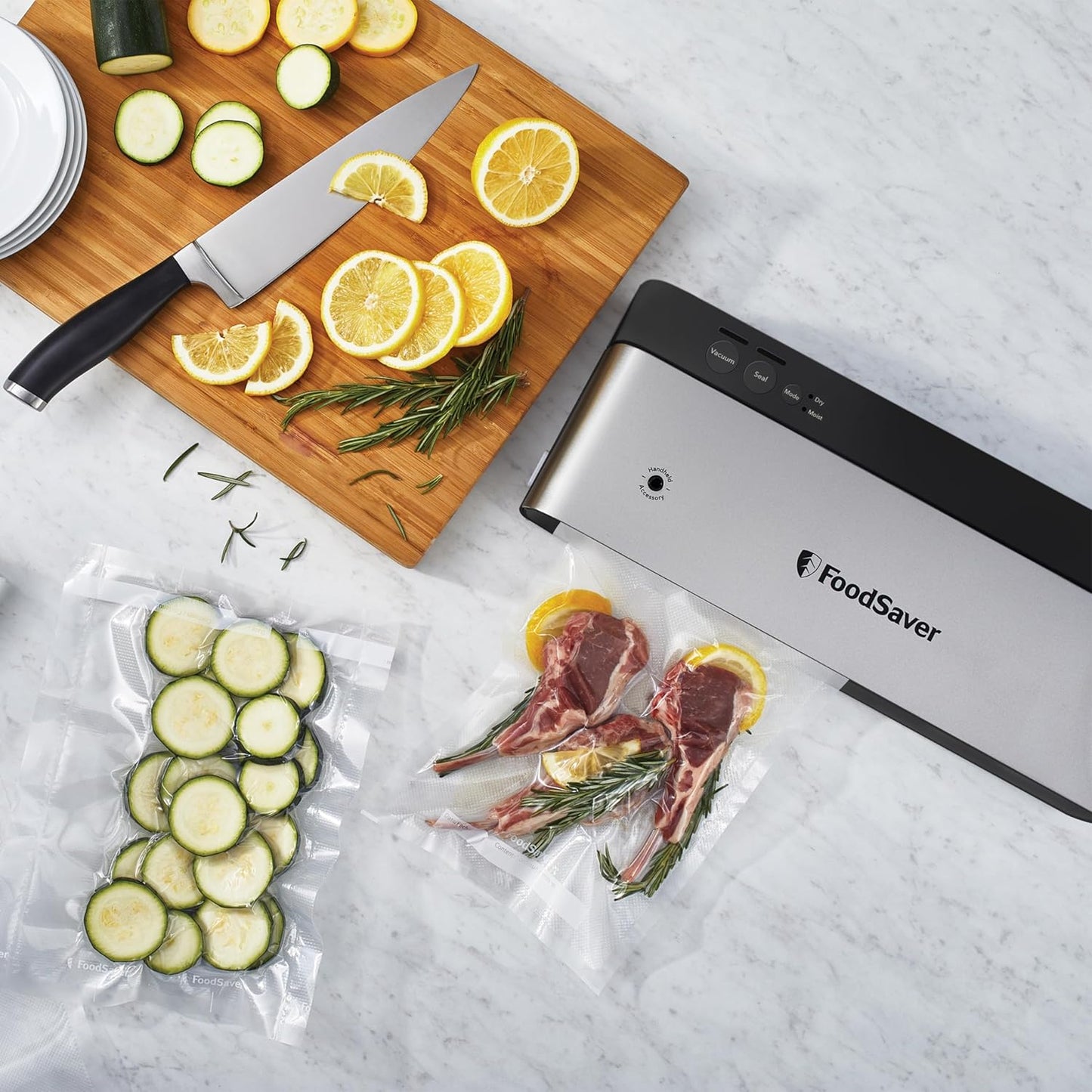 FoodSaver PowerVac Compact Vacuum Sealing Machine, Stainless Steel & Black, Vertical Storage, VS0150 | Preserves freshness, reduces bag waste, for both dry and wet food