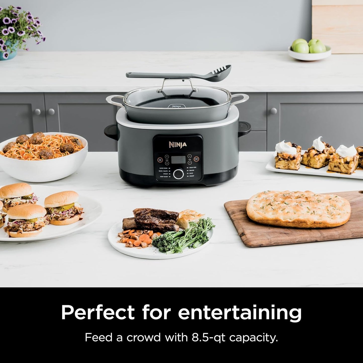 BOX Damage Ninjja MC1001 Foodi PossibleCooker PRO 8.5 Quart Multi-Cooker, with 8-in-1 Slow Cooker, Dutch Oven, Steamer, Glass Lid Integrated Spoon, Nonstick, Oven Safe Pot to 500°F, Sea Salt Gray