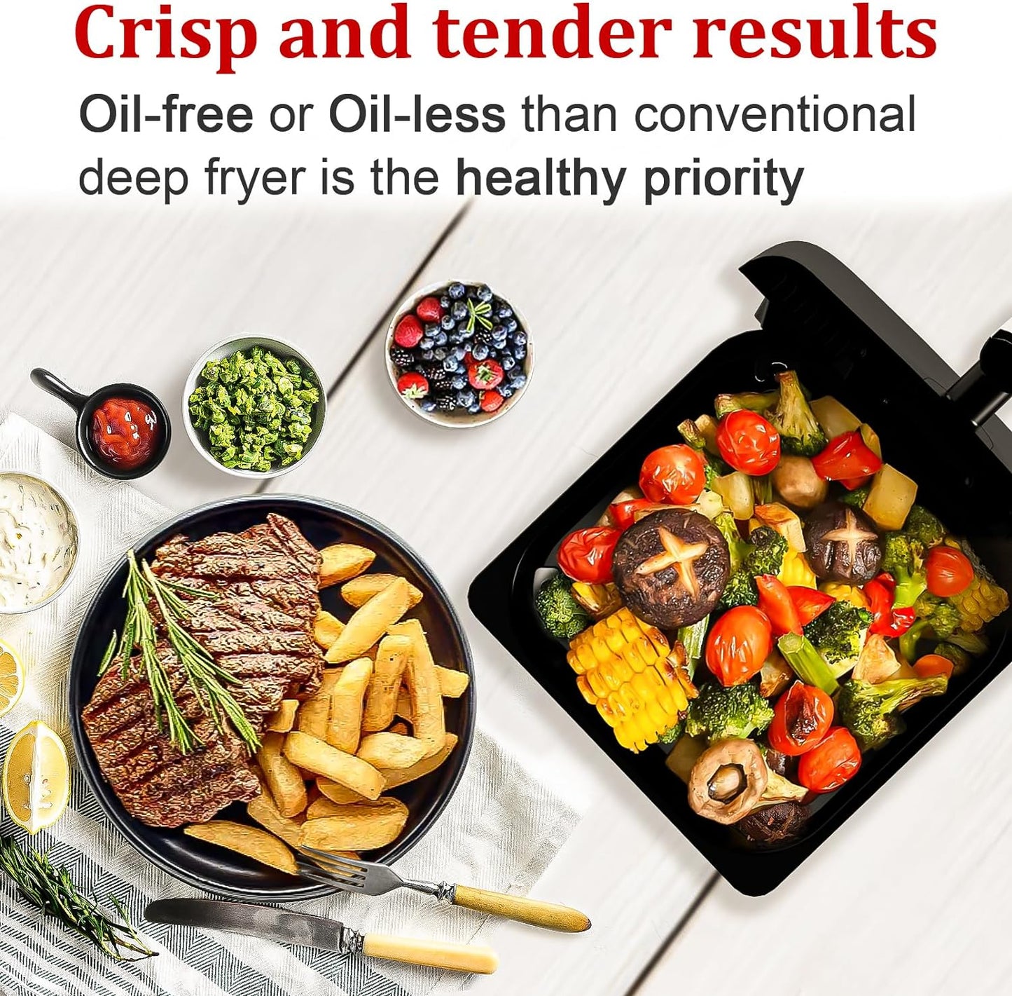 WHUTO Air Fryer 6.3QT Air Fryer Oven with LED Digital Touchscreen 12 Preset Cooking Functions Air fryers Bake Reheat Keep Warm Nonstick and Dishwasher-Safe Basket Stainless SteelBlack&Silver