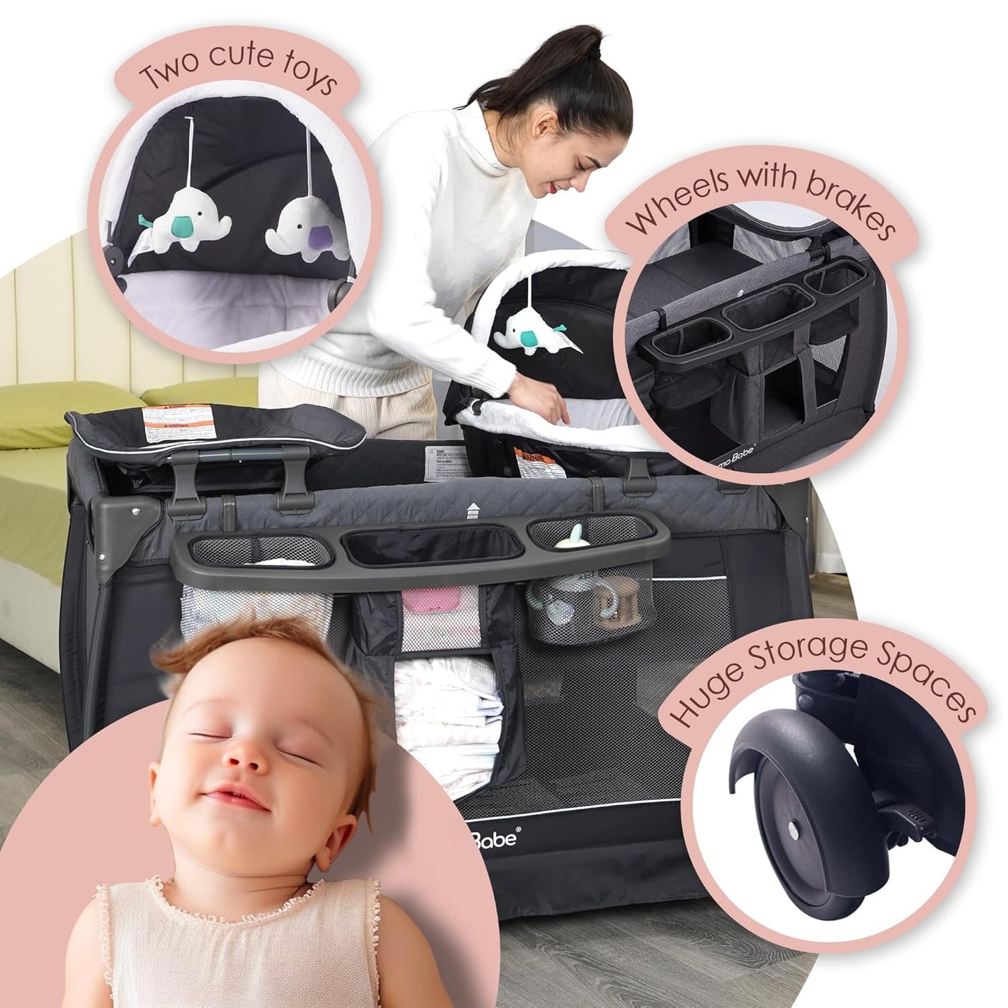 Pamo Babe Deluxe Nursery Center Foldable Playard for Baby & Toddler Bassinet Mattress Changing Table for Newborn(Black)