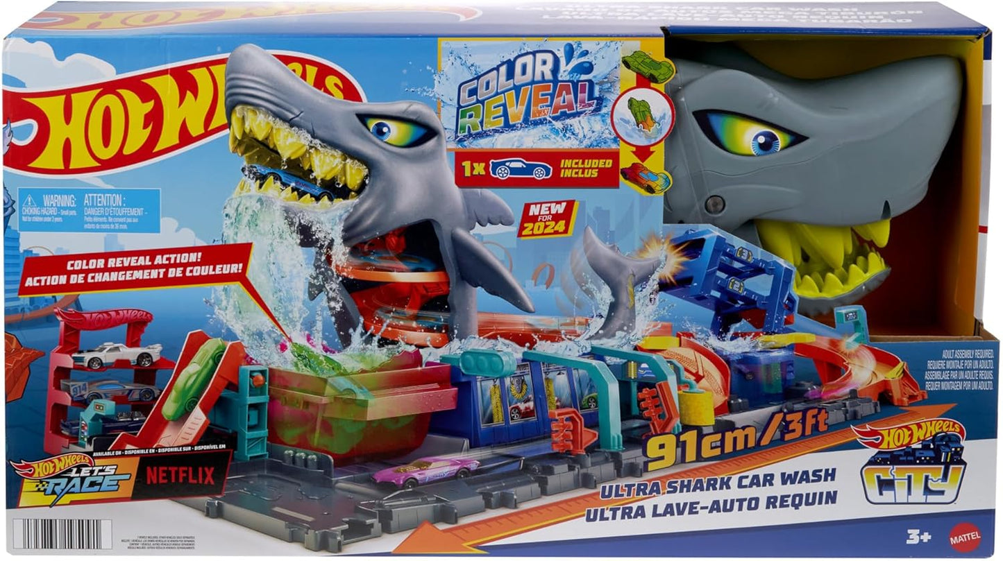 Hot Wheels City Track Set, Ultra Shark Car Wash with 1:64 Scale Color Reveal Toy Vehicle, Repeat Color-Change Feature, Storage