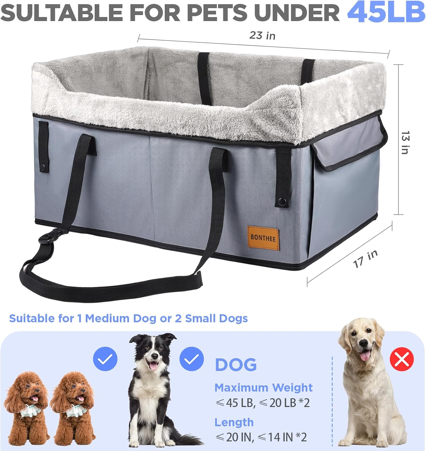 Dog Car Booster Seat,Medium or 2 Small Dogs Car Seat for Back Seats with 2 Clip-On Safety Leash,Adjustable Straps Puppy Car Seat,Perfect for Pets Up to 45lbs(Grey)