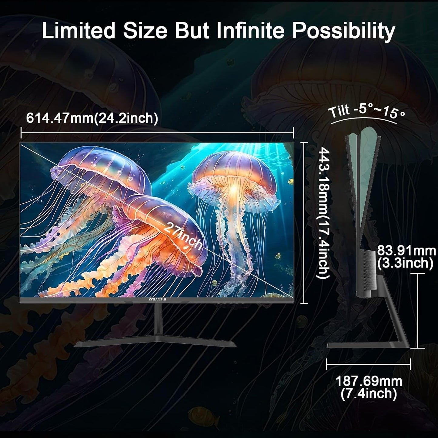 SANSUI Monitor 27 Inch IPS 100Hz Computer Monitor Built-in Speakers FHD 1080P HDR Adaptive Sync Tilt Adjustable Frameless VESA Compatible for Office and Home (ES-27X3L)
