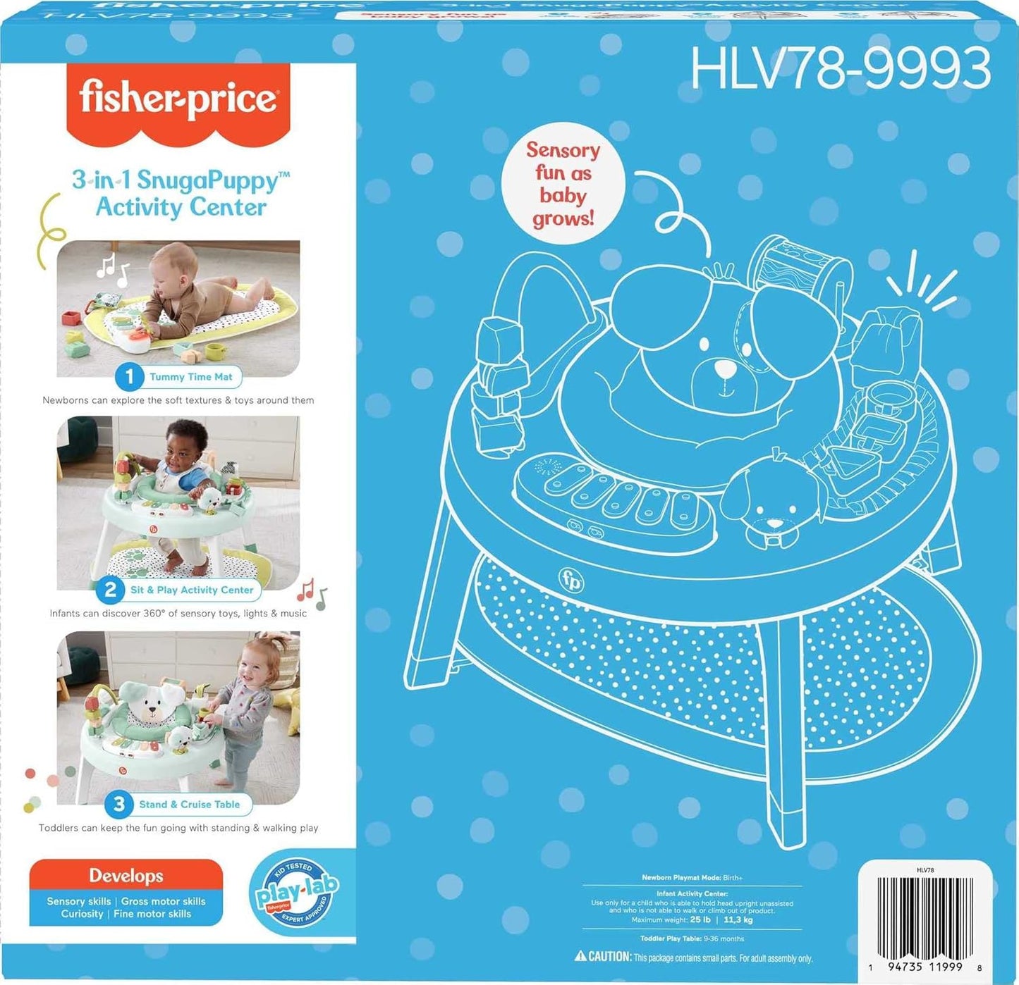 Fisher-Price Baby to Toddler Toy 3-in-1 SnugaPuppy Activity Center and Play Table with Lights Sounds and Developmental Activities