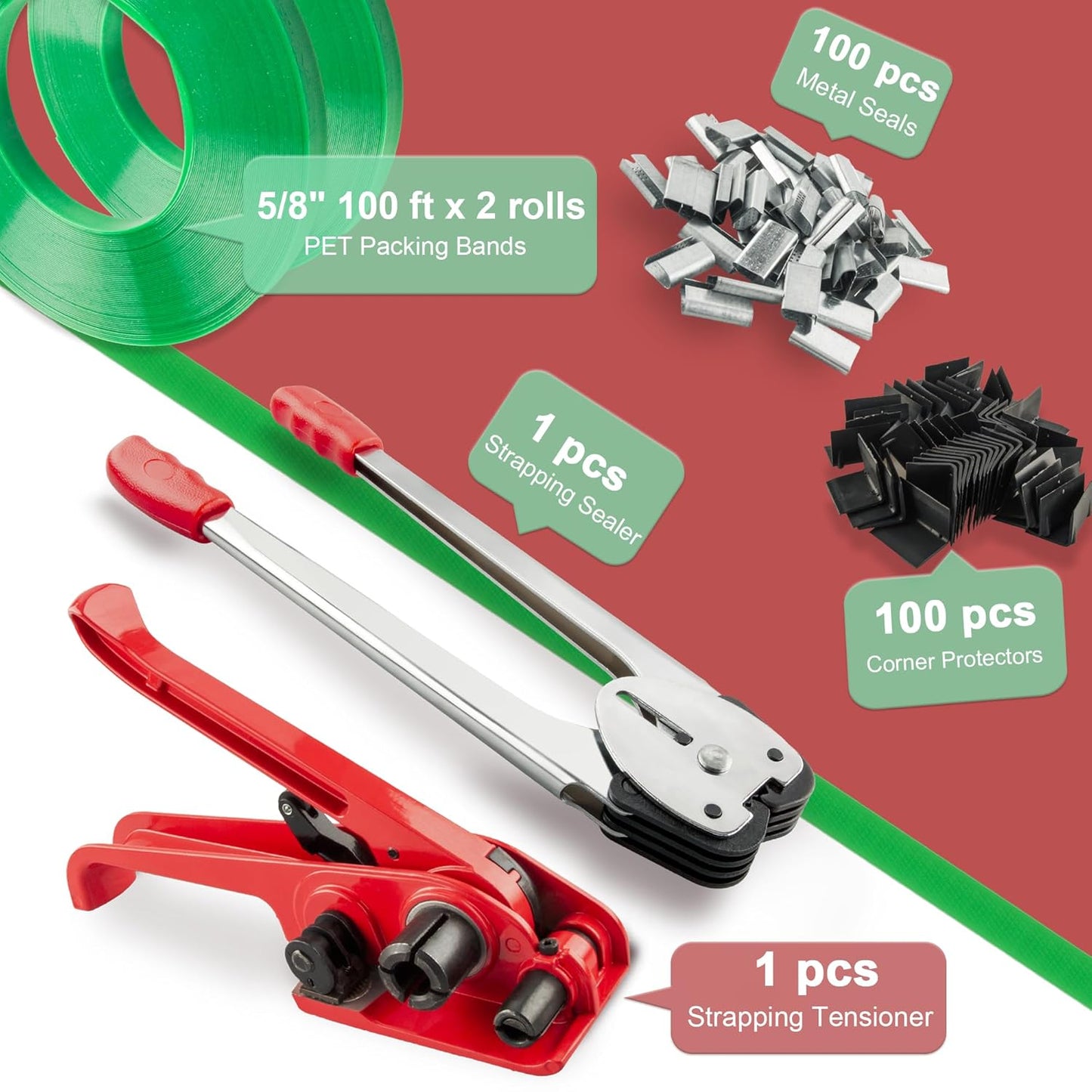 Pallet Packaging Banding Strapping Kit with Heavy Duty Strapping Tensioner Tool, Banding Sealer Tool, 5/8" x 200' Polyester Strapping Roll, 100 Metal Seals, 100 Plastic Packaging Corner(Red)