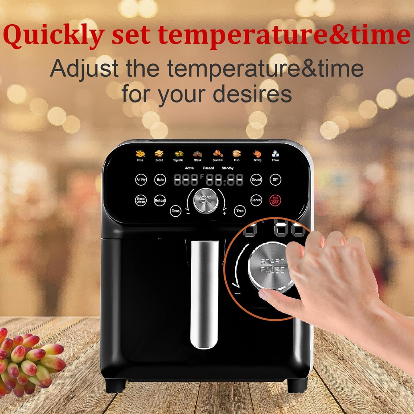 WHUTO Air Fryer 6.3QT Air Fryer Oven with LED Digital Touchscreen 12 Preset Cooking Functions Air fryers Bake Reheat Keep Warm Nonstick and Dishwasher-Safe Basket Stainless SteelBlack&Silver