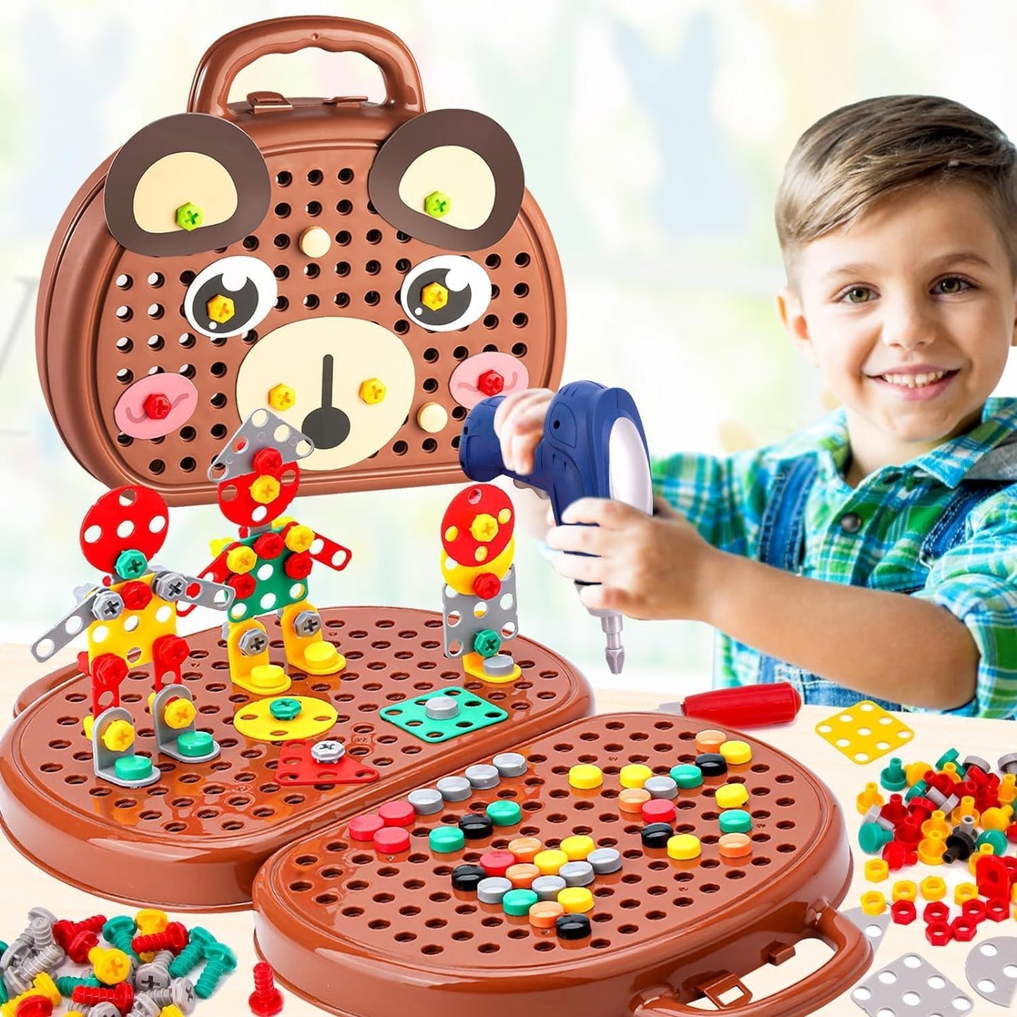 Magic Montessori Play Toolbox with Drill, 203Pcs Magic Montessori Play Toolbox Bear-Themed, 2D/3D Creativity Tool Box Montessori Toys Gift for Age 3-12 Years Old  Kids, Boys, Girls