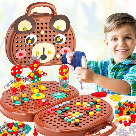Magic Montessori Play Toolbox with Drill, 203Pcs Magic Montessori Play Toolbox Bear-Themed, 2D/3D Creativity Tool Box Montessori Toys Gift for Age 3-12 Years Old  Kids, Boys, Girls