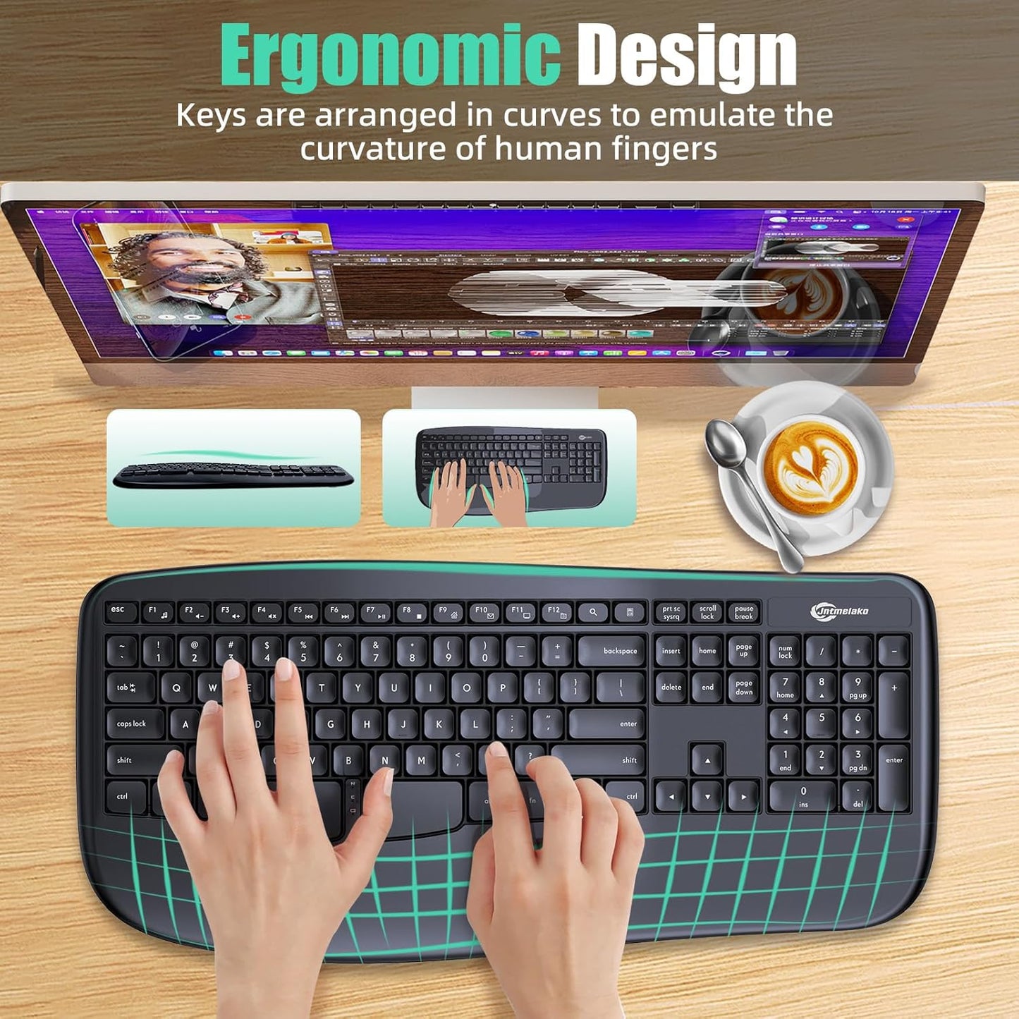 Wireless Keyboard, Ergonomic Keyboard with Wrist Rest, 2.4G Full Size Keyboard for Windows, MacOS, Desktops/Laptops