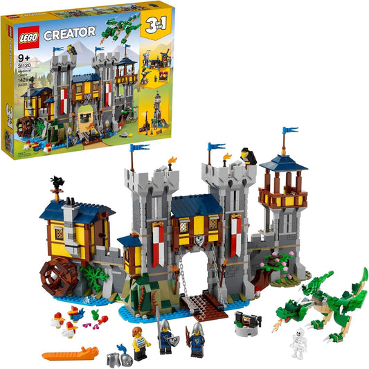 BOX Damages LEGO Creator 3 in 1 Medieval Castle Toy, Transforms from Castle to Tower to Marketplace, Includes Skeleton and Dragon Figure, with 3 Minifigures and Catapult, 31120