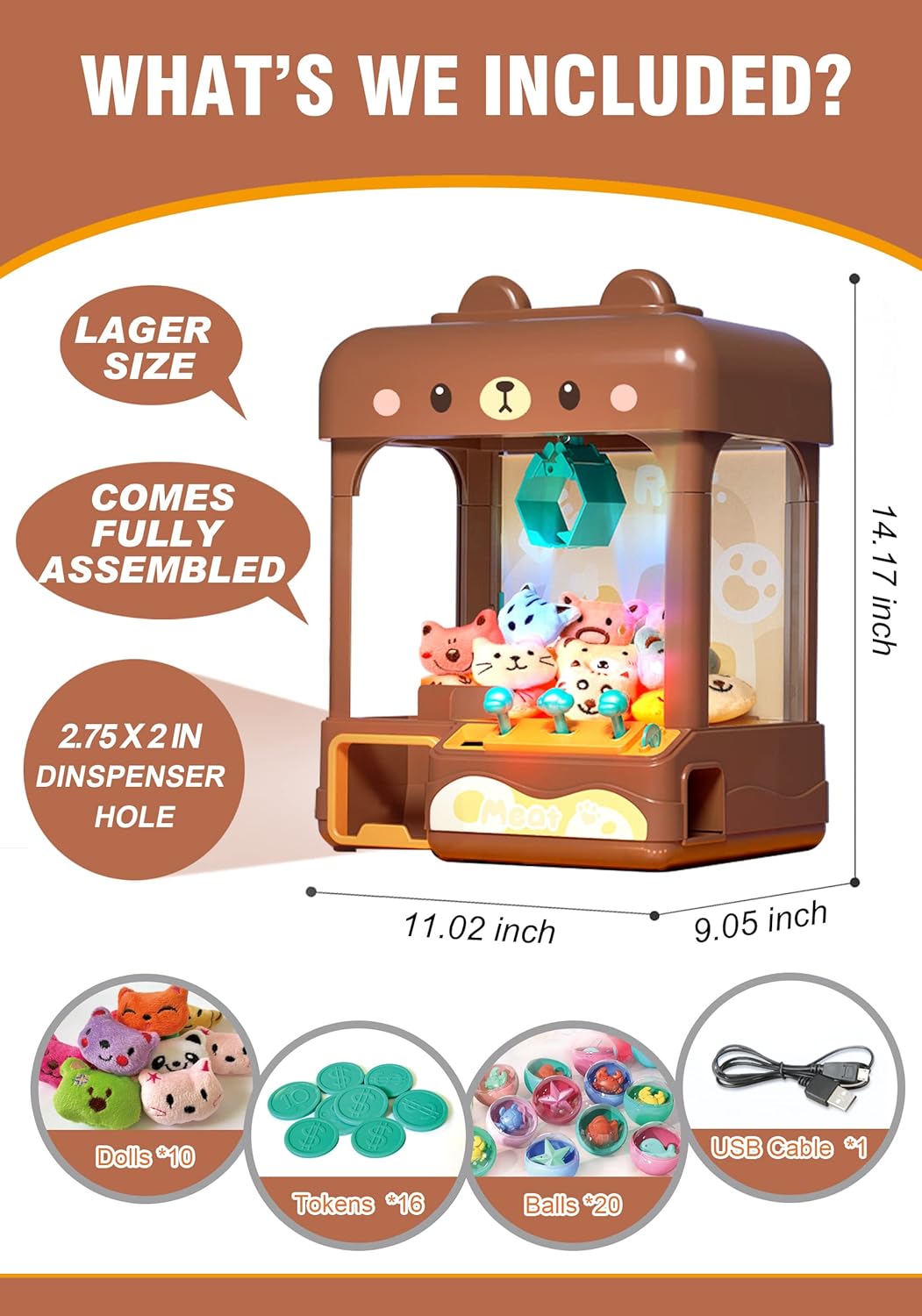 Large Claw Machine for Kids Adults with Prizes, Adjustable Sound & Light, 2 Power Modes, Mini Candy Crane Vending Machines, Electronic Arcade Game Dispenser Toy for Girls Boys Gift - Bear