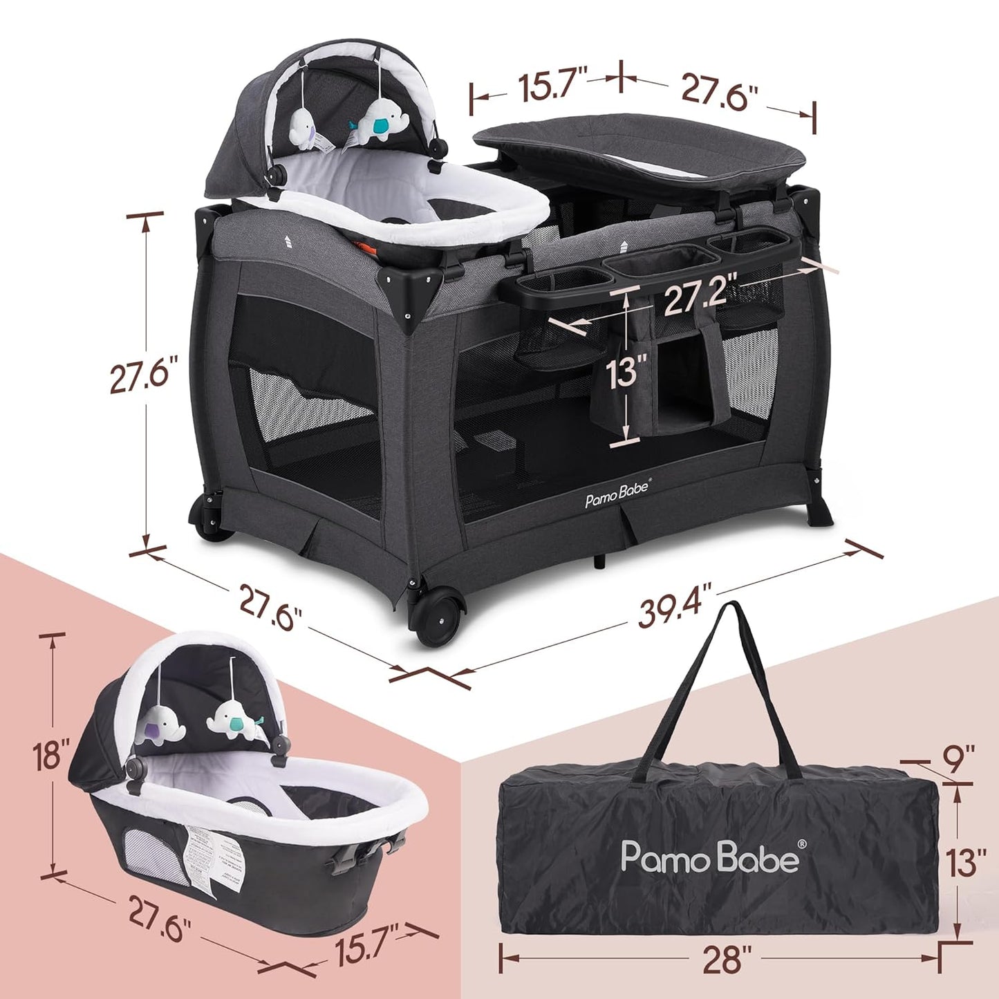 Pamo Babe Deluxe Nursery Center Foldable Playard for Baby & Toddler Bassinet Mattress Changing Table for Newborn(Black)