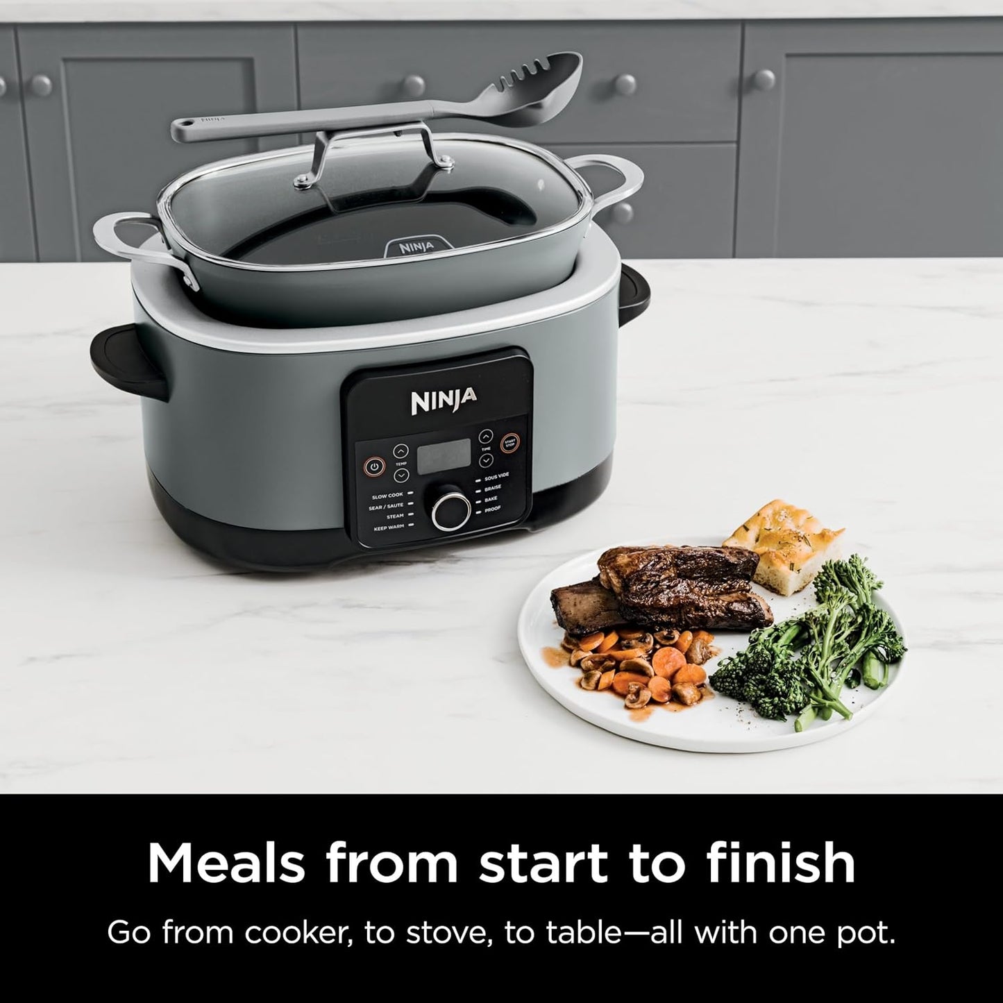 BOX Damage Ninjja MC1001 Foodi PossibleCooker PRO 8.5 Quart Multi-Cooker, with 8-in-1 Slow Cooker, Dutch Oven, Steamer, Glass Lid Integrated Spoon, Nonstick, Oven Safe Pot to 500°F, Sea Salt Gray