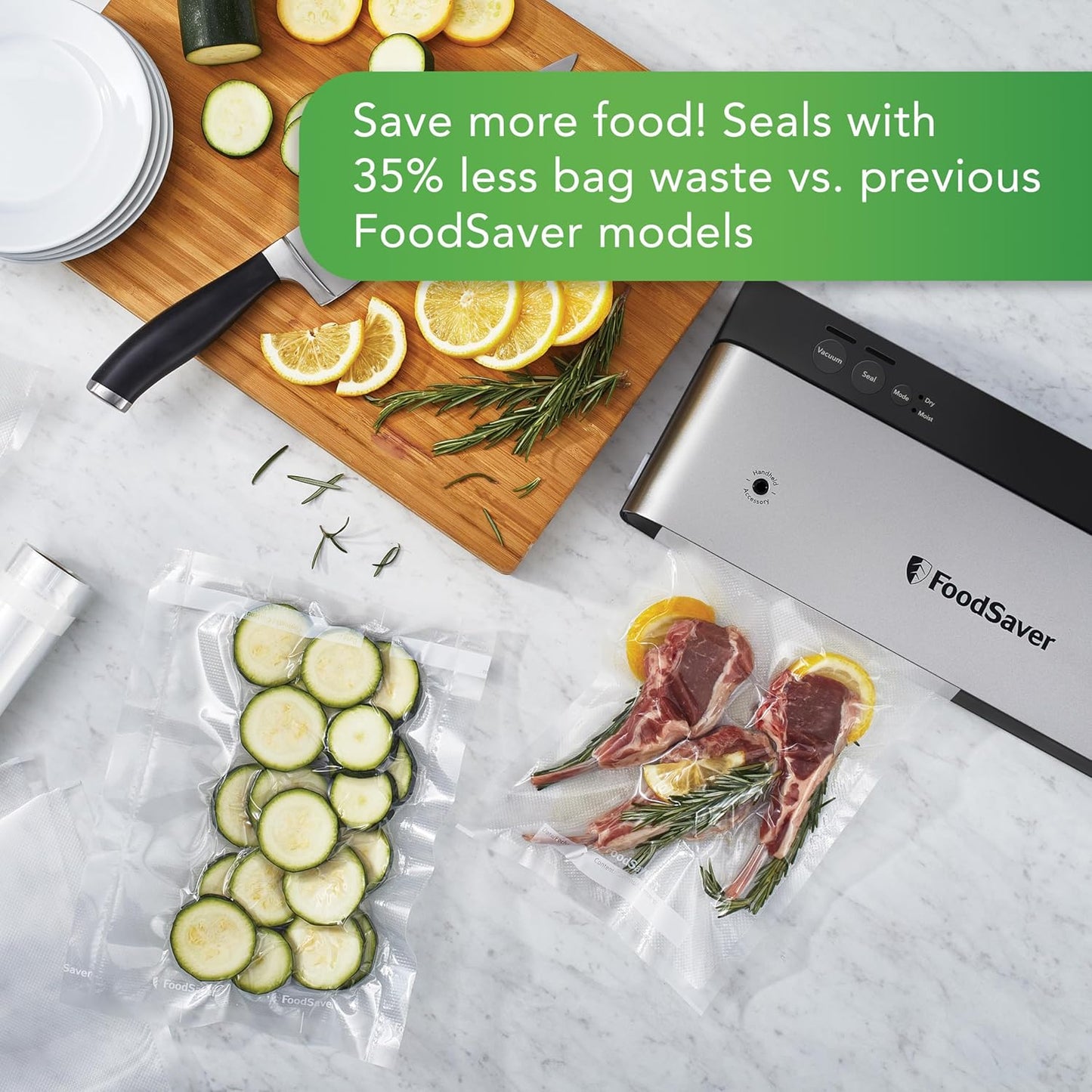 FoodSaver PowerVac Compact Vacuum Sealing Machine, Stainless Steel & Black, Vertical Storage, VS0150 | Preserves freshness, reduces bag waste, for both dry and wet food