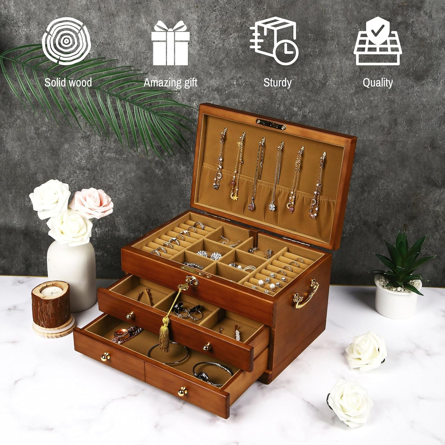 Wooden Jewelry Box with Lock and Key for Women, 2 Drawers Medium Size Real Natural Wood Lockable Antique Girls Organizer Boxes with Large Storage, Ring Compartments, Built in Necklace Hooks New