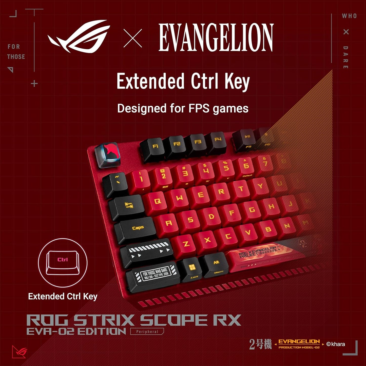 ROG Strix Scope RX EVA-02 Edition, 100% RGB Gaming Keyboard, ROG RX Red Optical Mechanical Switches, IP57 Water Resistance, USB Passthrough, Wider Ctrl Key, Stealth Key, Macro Support, EVA-themed
