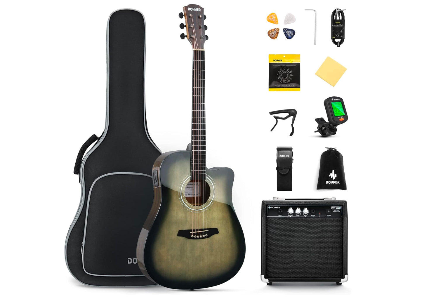 Donner Acoustic Electric Guitar Full Size Kit for Beginner Intermediate with Amplifier Capo Pick Tuner Strings Strap - 41 Inch
