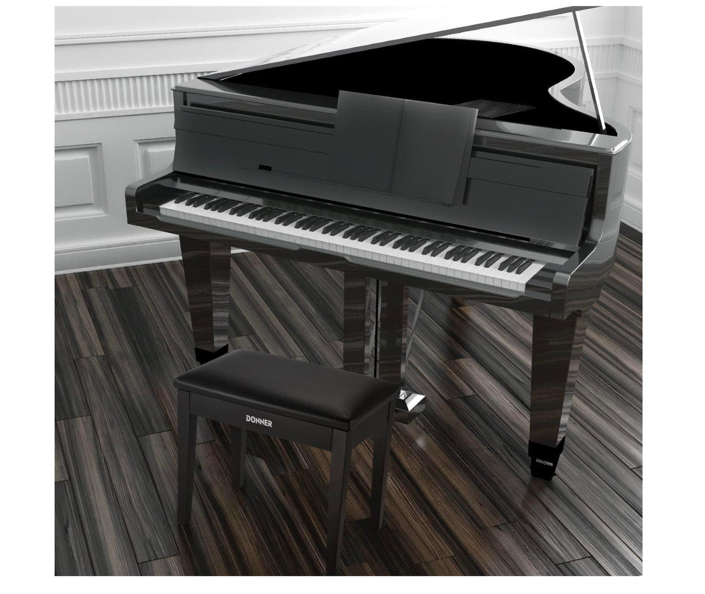 Donner Piano Bench with Storage, Solid Wood Keyboard Bench Piano Bookcase Stool Chair Seat with High-Density Sponges Pad, Black