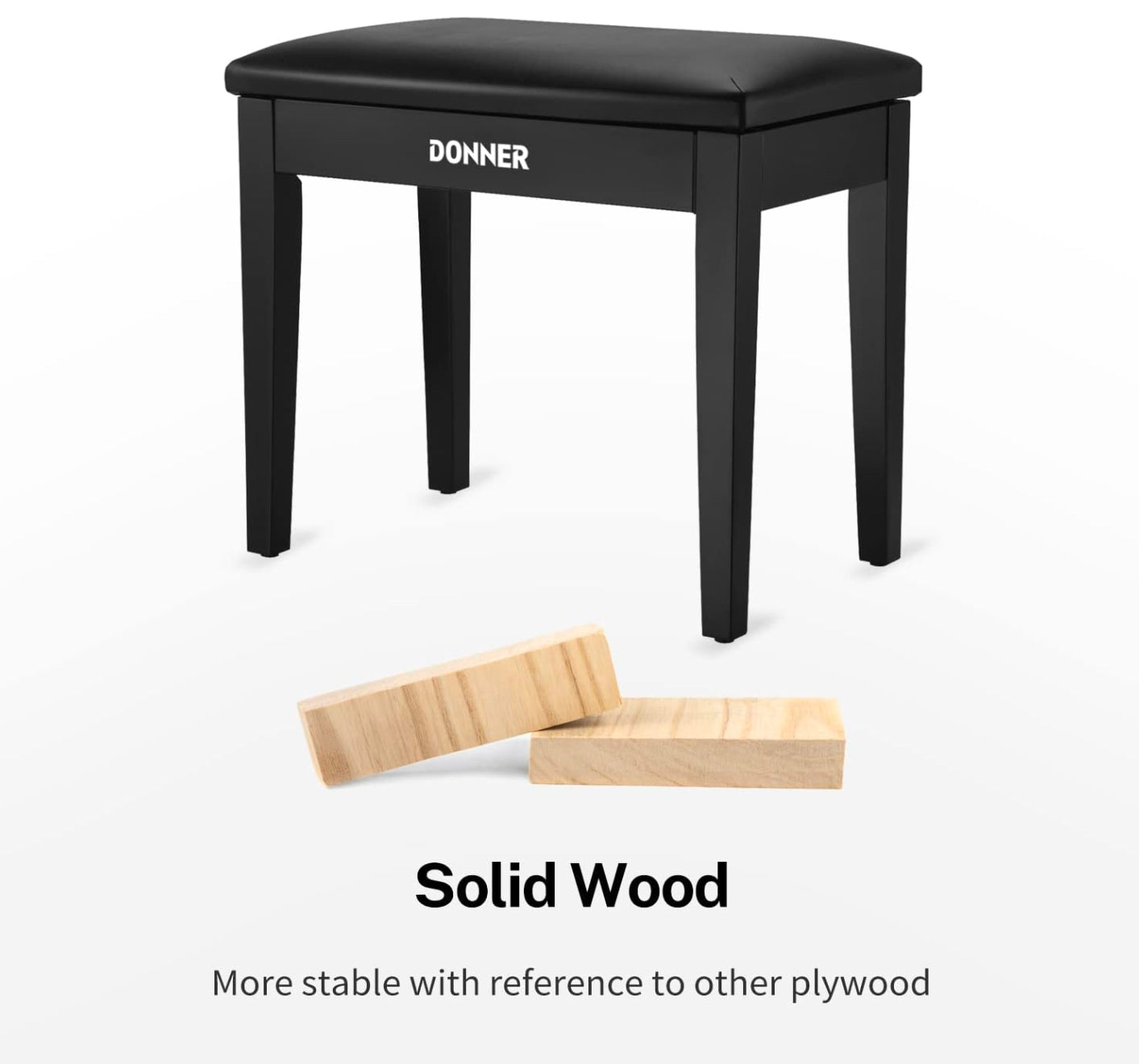 Donner Piano Bench with Storage, Solid Wood Keyboard Bench Piano Bookcase Stool Chair Seat with High-Density Sponges Pad, Black