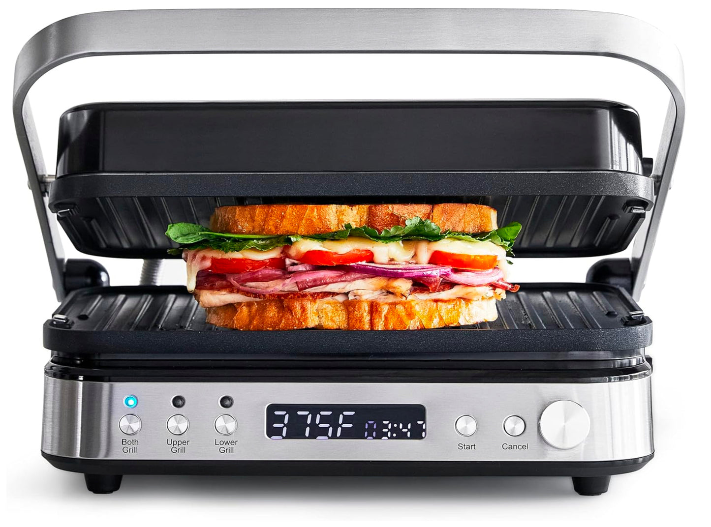 GreenPan Electric Indoor Stainless Steel 6-in-1 Contact Grill and Griddle, Healthy Ceramic Nonstick, Dishwasher Safe Reversible Plates, PFAS-Free