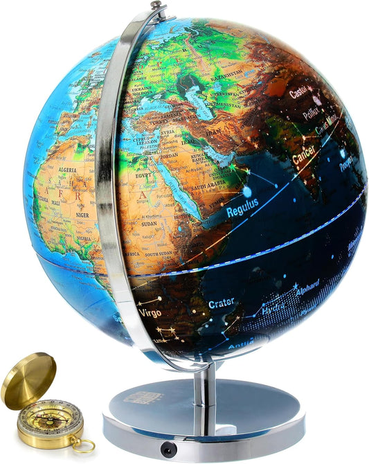 Interactive World Globe for Adults - Large 13 Inch Globe with Stand - Earth Globe with Illuminated Constellations Light Up at Night - Geographic Map for Kids - Educational Learning Gift - Compass to navigate it