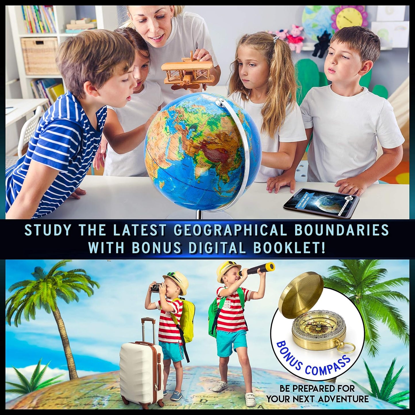 Interactive World Globe for Adults - Large 13 Inch Globe with Stand - Earth Globe with Illuminated Constellations Light Up at Night - Geographic Map for Kids - Educational Learning Gift - Compass to navigate it