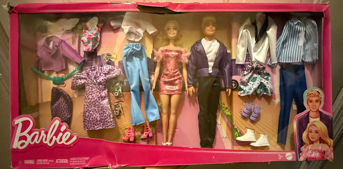 Barbie & Ken Doll Set with 2 Fashion Dolls, Clothes & Accessories, DAMAGE BOX, Includes Dresses, Tees, Pants, Swimsuits & More