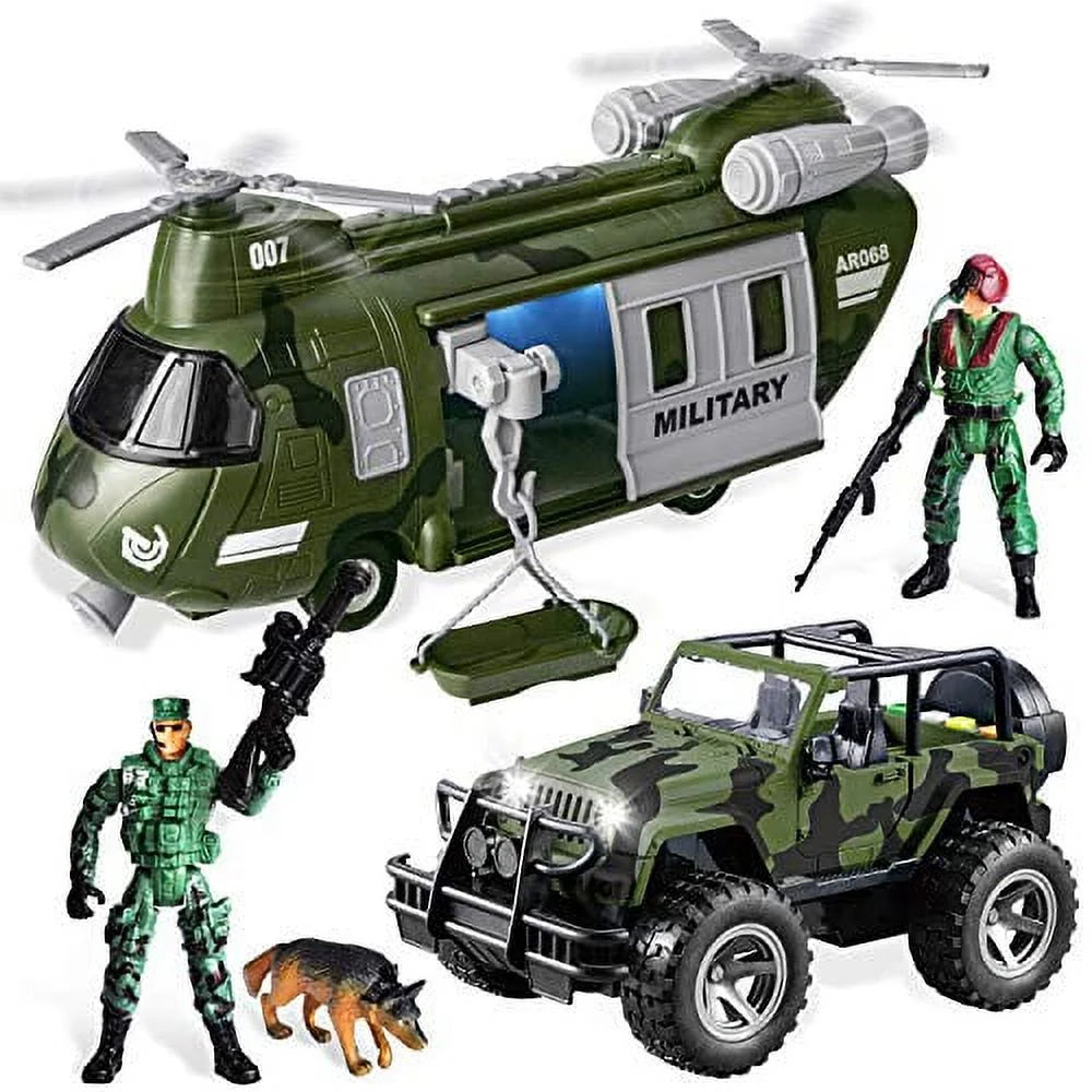 Joyin Military Vehicles Play Set,1 Helicopter,1 Truck,2 Soldiers,1 Dog, Light and Sound
