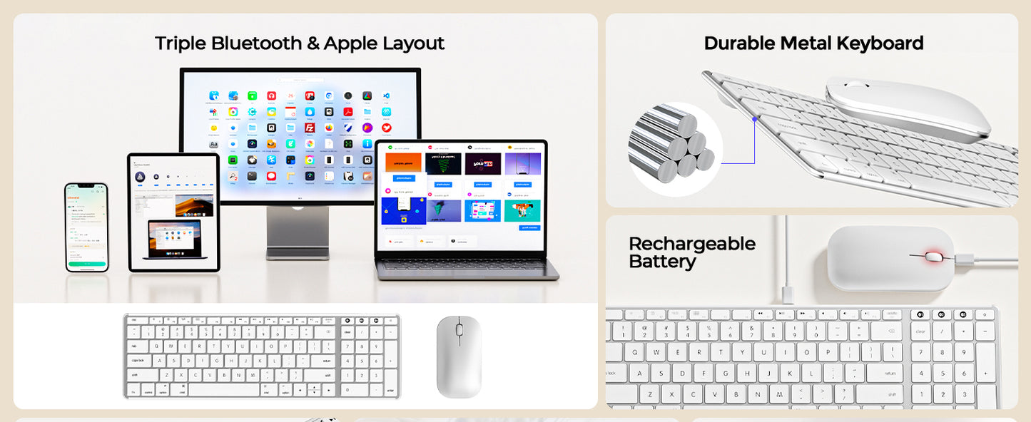 Wireless Bluetooth Keyboard and Mouse for Mac, Multi-Device Rechargeable Keyboard and Mouse Stainless Steel Full Size, Compatible with MacBook Pro/Air, iPad, iMac - White Silver